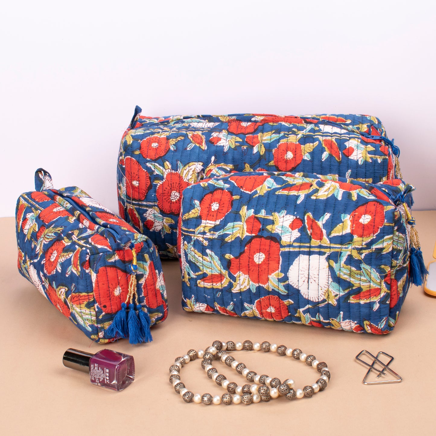 Handmade Quilted Toiletry Bag, 100% Cotton Material, Cute Makeup Organizer, Travel Bag, Block Print Fabric, Large Cotton Wash Bag - Set of 3