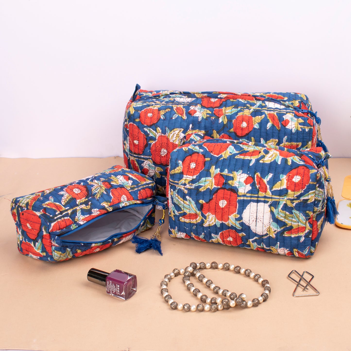 Handmade Quilted Toiletry Bag, 100% Cotton Material, Cute Makeup Organizer, Travel Bag, Block Print Fabric, Large Cotton Wash Bag - Set of 3