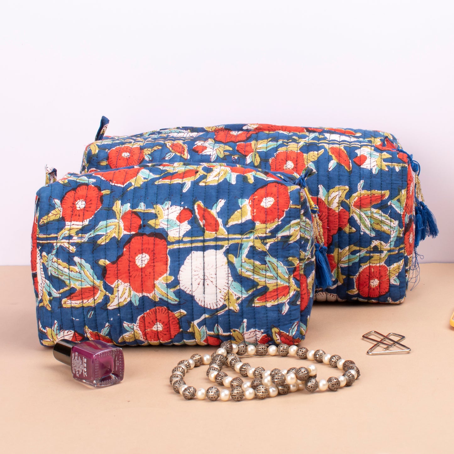 Handmade Quilted Toiletry Bag, 100% Cotton Material, Cute Makeup Organizer, Travel Bag, Block Print Fabric, Large Cotton Wash Bag - Set of 3