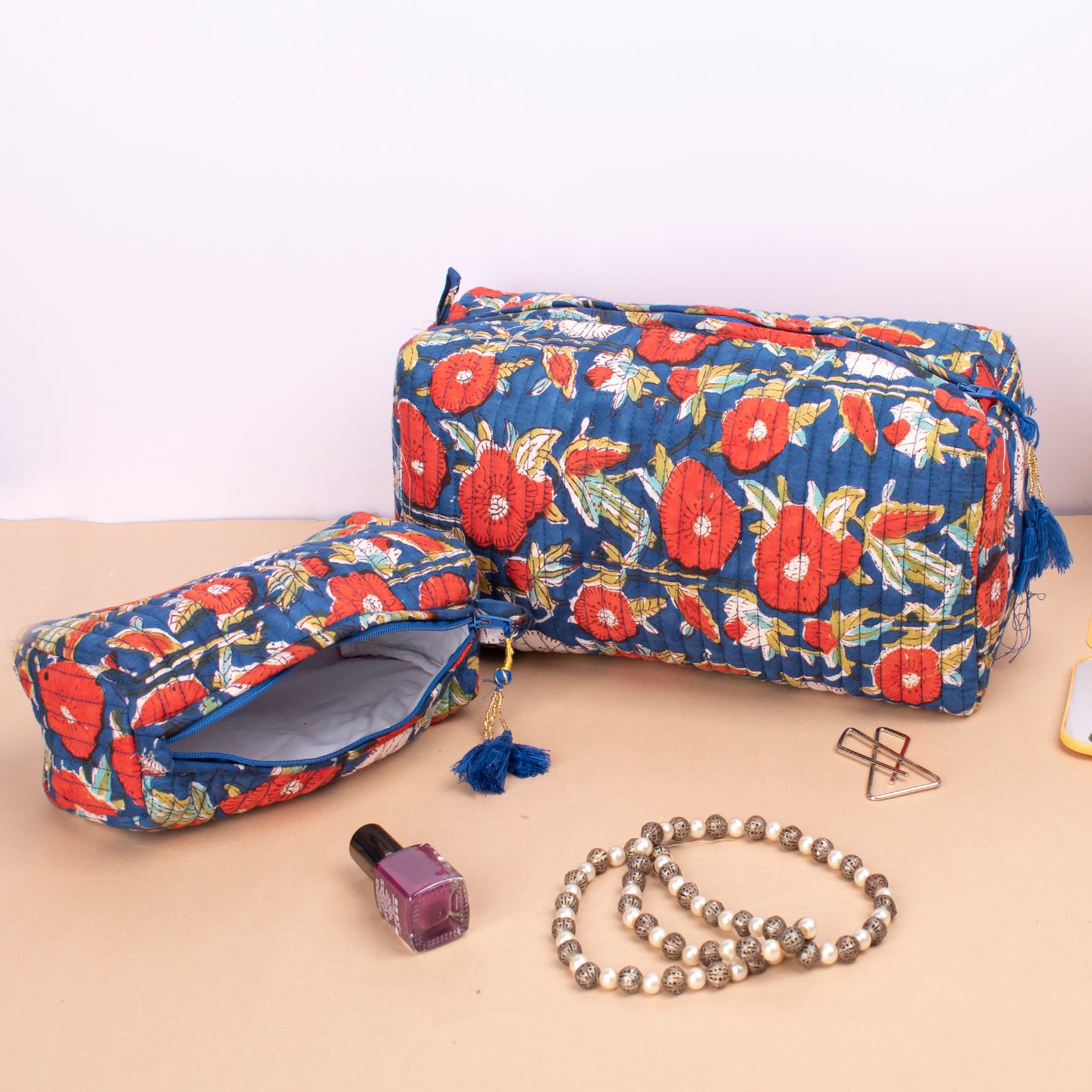 Handmade Quilted Toiletry Bag, 100% Cotton Material, Cute Makeup Organizer, Travel Bag, Block Print Fabric, Large Cotton Wash Bag - Set of 3