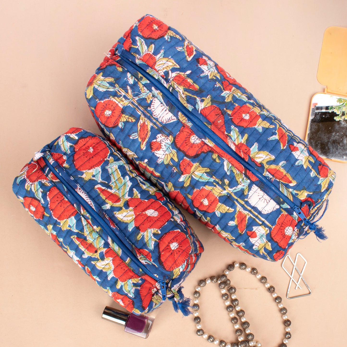 Handmade Quilted Toiletry Bag, 100% Cotton Material, Cute Makeup Organizer, Travel Bag, Block Print Fabric, Large Cotton Wash Bag - Set of 3