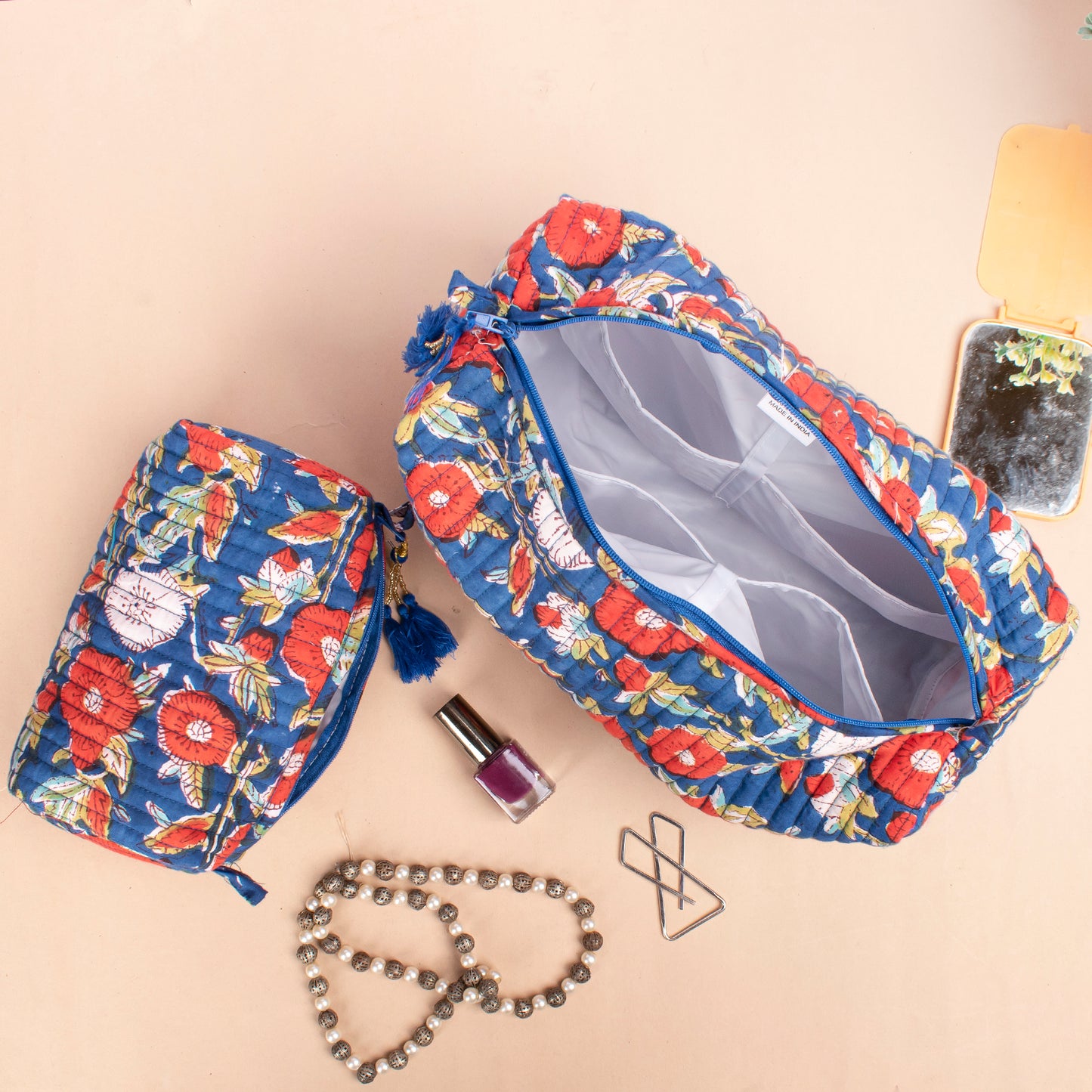 Handmade Quilted Toiletry Bag, 100% Cotton Material, Cute Makeup Organizer, Travel Bag, Block Print Fabric, Large Cotton Wash Bag - Set of 3