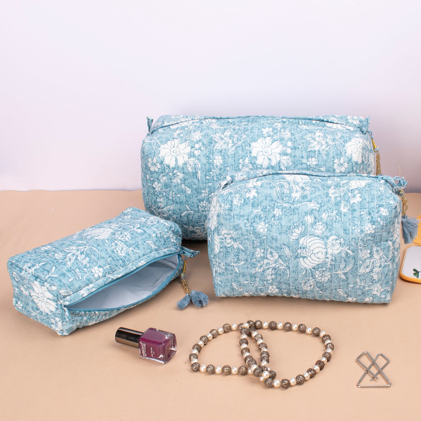 Large Cotton Wash Bag, Zippered Cosmetic Pouch, Washable Makeup Bag, Quilted Wash Bag, Mini Makeup Organizer, Travel Pouch - Set of 3