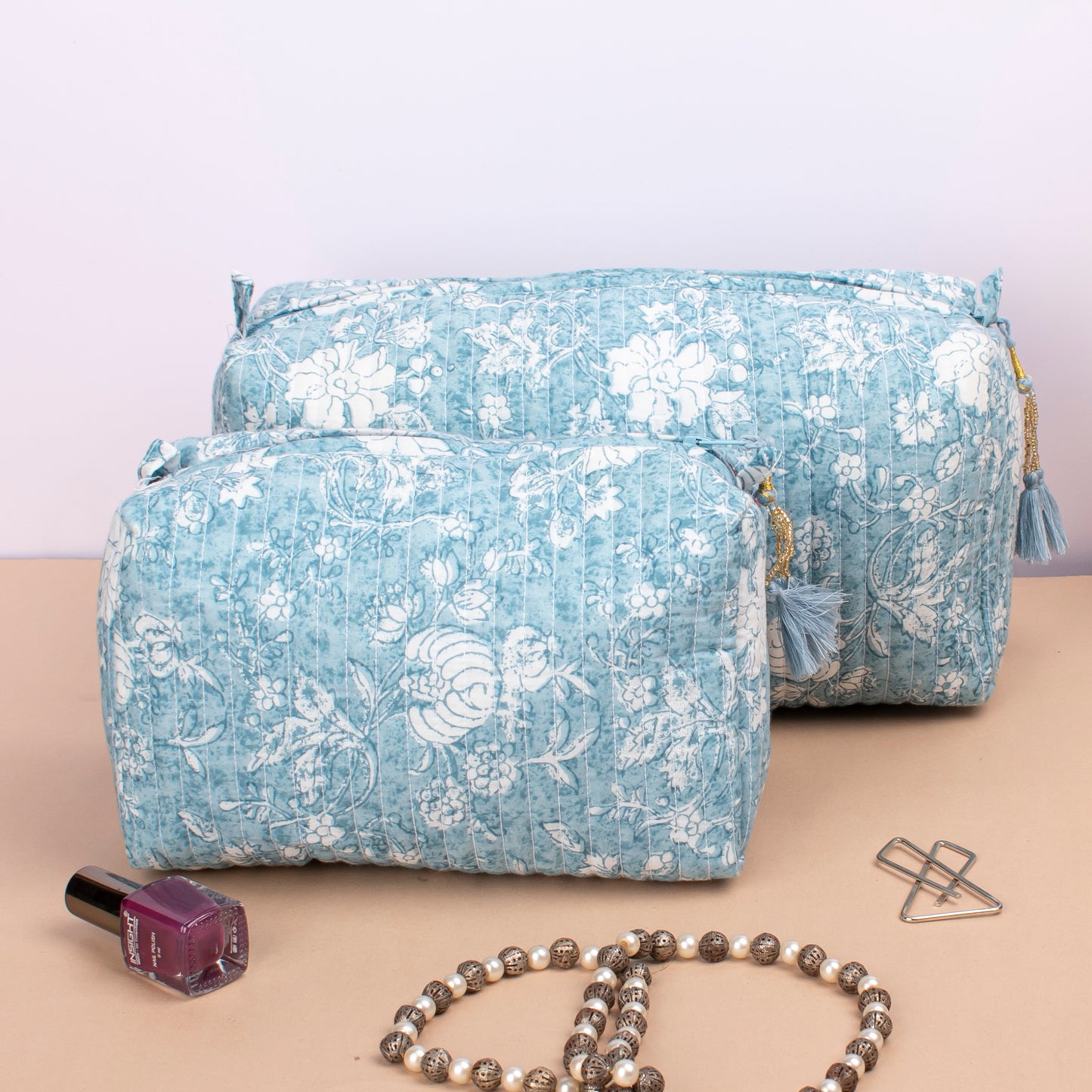 Large Cotton Wash Bag, Zippered Cosmetic Pouch, Washable Makeup Bag, Quilted Wash Bag, Mini Makeup Organizer, Travel Pouch - Set of 3