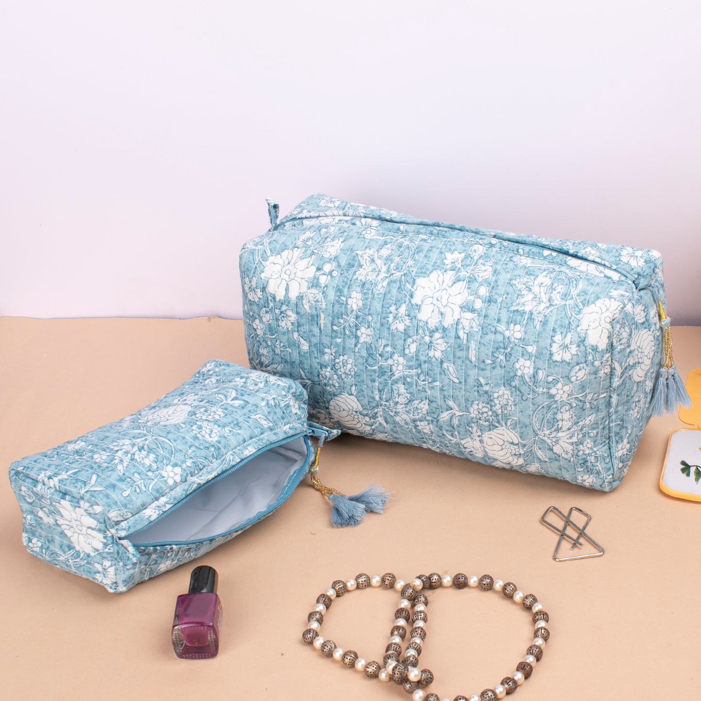 Large Cotton Wash Bag, Zippered Cosmetic Pouch, Washable Makeup Bag, Quilted Wash Bag, Mini Makeup Organizer, Travel Pouch - Set of 3