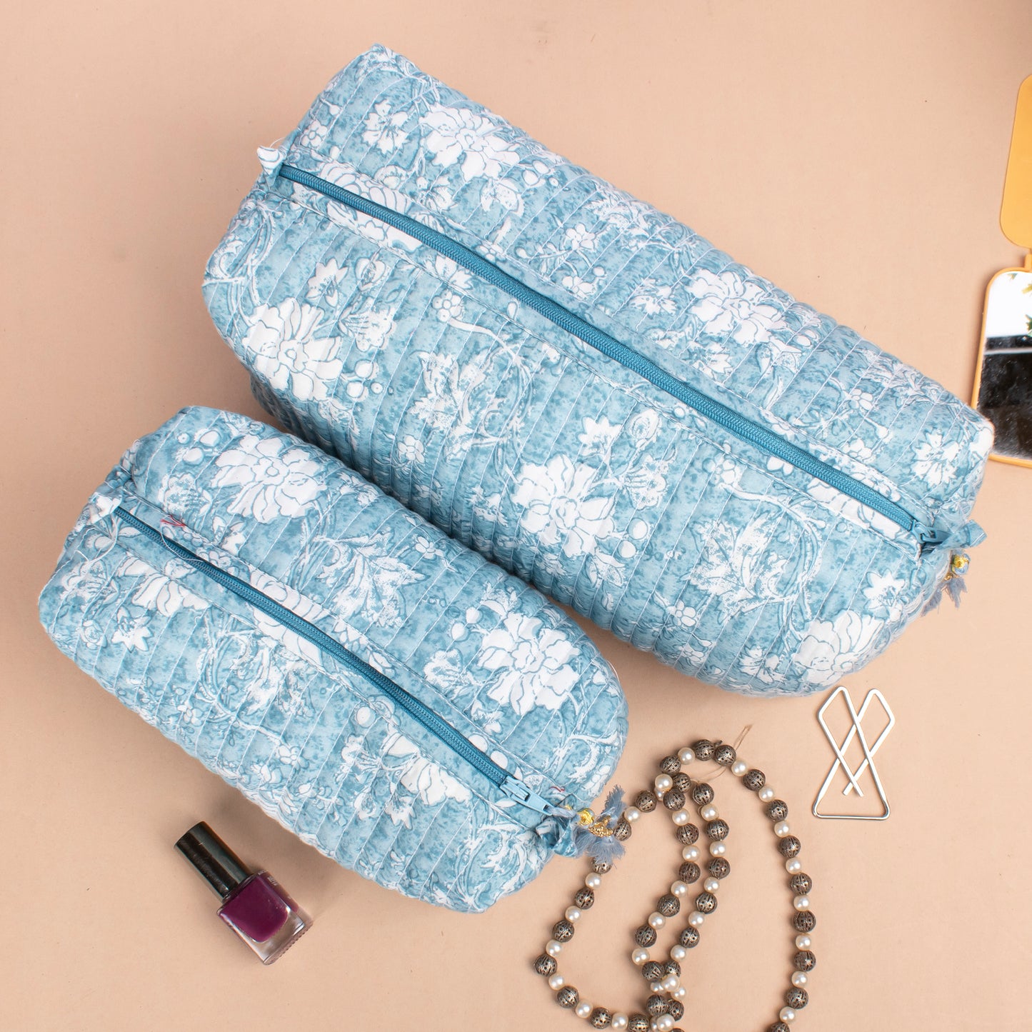 Large Cotton Wash Bag, Zippered Cosmetic Pouch, Washable Makeup Bag, Quilted Wash Bag, Mini Makeup Organizer, Travel Pouch - Set of 3