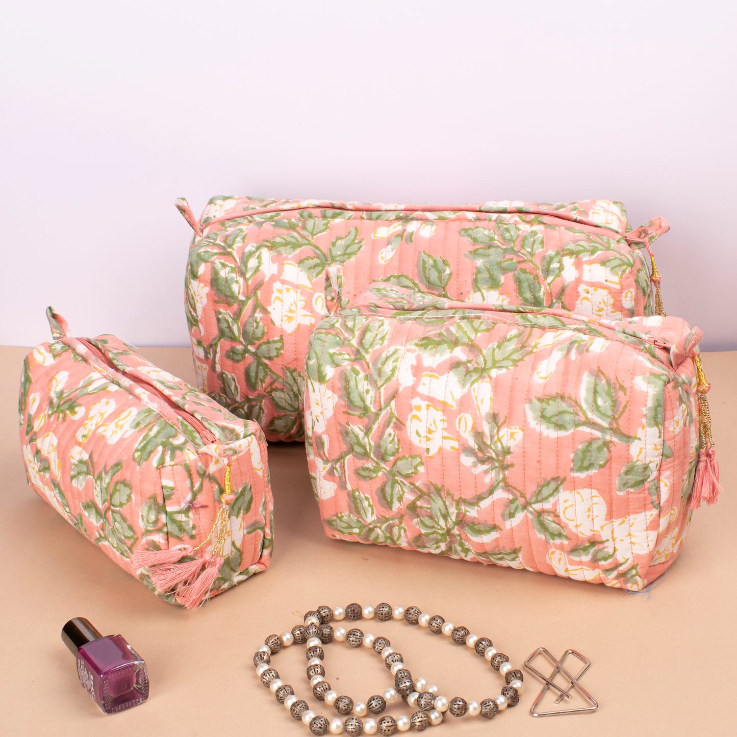 Hand Block Print Toiletry Bag, Quilted Cotton Large Makeup Bag, Travel Makeup Pouch, Zippered toiletry Pouch, Cosmetic Case - Set of 3