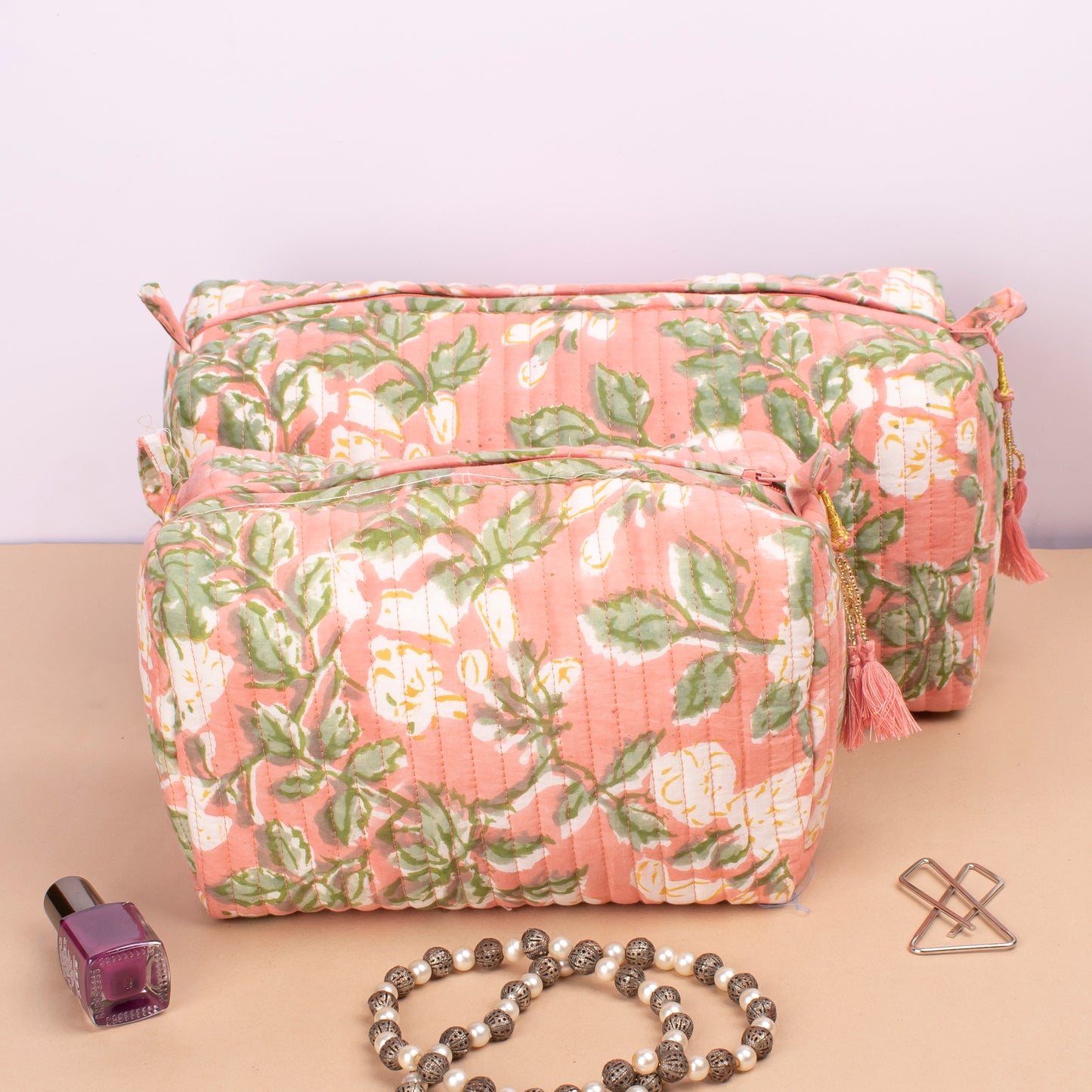 Hand Block Print Toiletry Bag, Quilted Cotton Large Makeup Bag, Travel Makeup Pouch, Zippered toiletry Pouch, Cosmetic Case - Set of 3