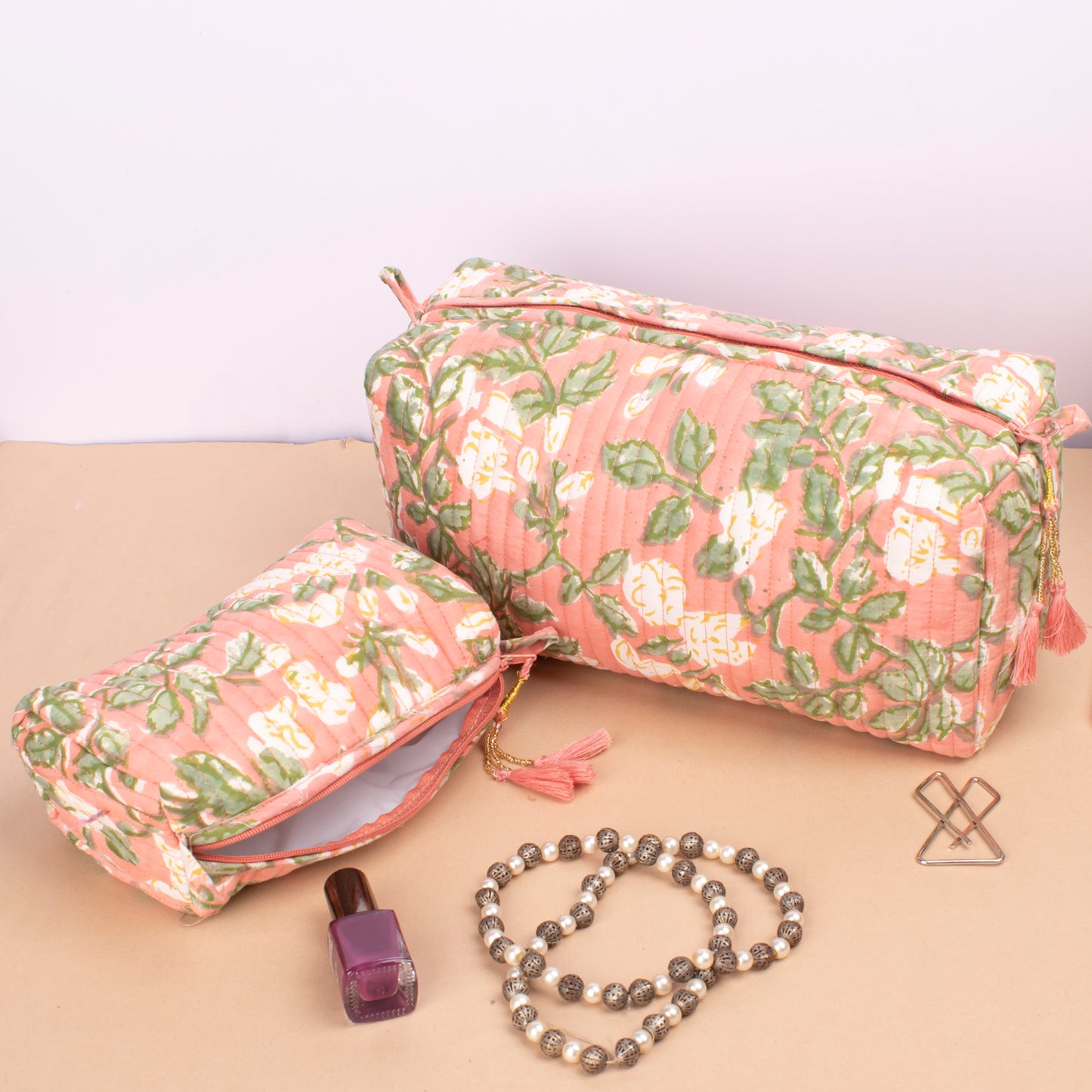 Hand Block Print Toiletry Bag, Quilted Cotton Large Makeup Bag, Travel Makeup Pouch, Zippered toiletry Pouch, Cosmetic Case - Set of 3