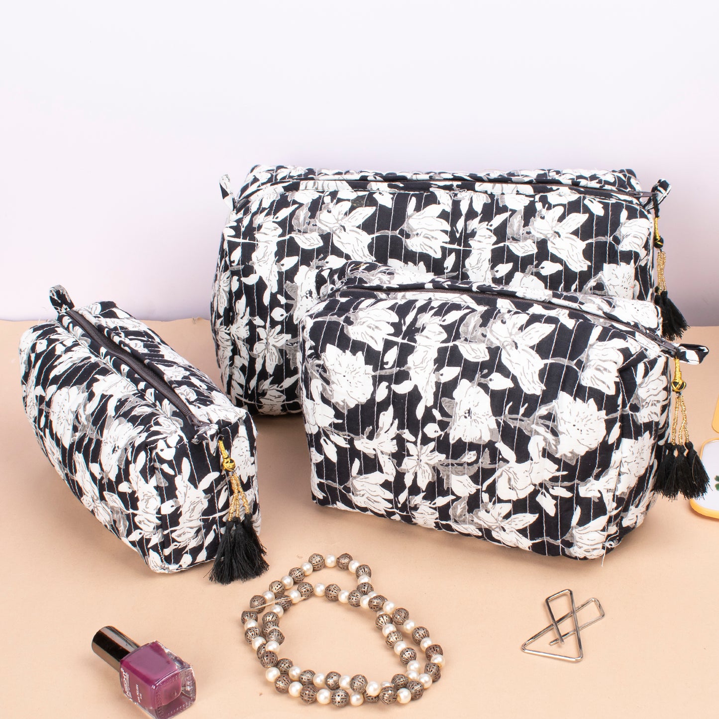 Best Travel Makeup Bag, Hand Block Print Toiletry Bag, Small Wash Bag For Women, Quilted Cotton Large Makeup Bag, Cosmetic Pouch - Set of 3