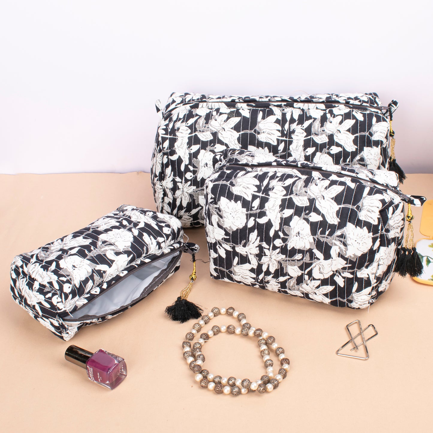 Best Travel Makeup Bag, Hand Block Print Toiletry Bag, Small Wash Bag For Women, Quilted Cotton Large Makeup Bag, Cosmetic Pouch - Set of 3