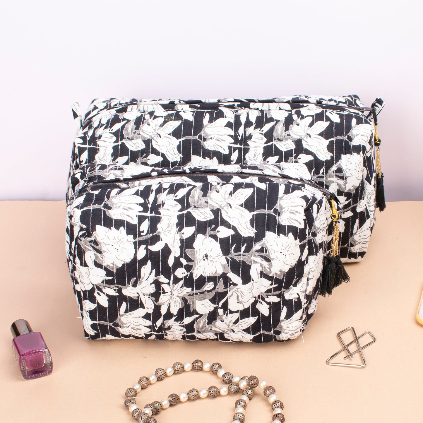 Best Travel Makeup Bag, Hand Block Print Toiletry Bag, Small Wash Bag For Women, Quilted Cotton Large Makeup Bag, Cosmetic Pouch - Set of 3