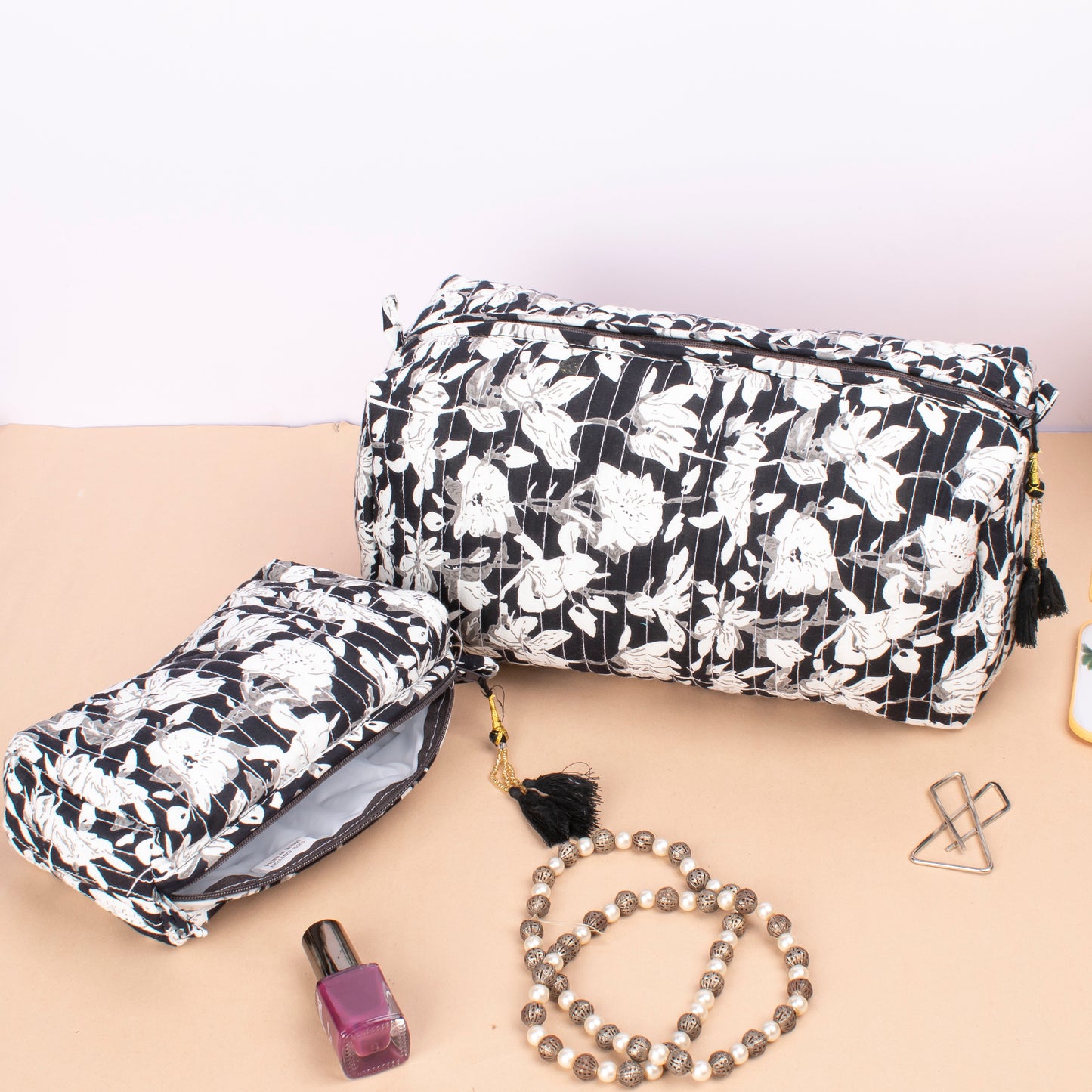 Best Travel Makeup Bag, Hand Block Print Toiletry Bag, Small Wash Bag For Women, Quilted Cotton Large Makeup Bag, Cosmetic Pouch - Set of 3