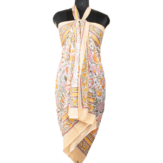 Boho Block Printed Cotton Sarong Scarf, Beach Cover Up, Light Summer Travel Accessory, Natural Soft Cotton, Handmade Pareo Wrap
