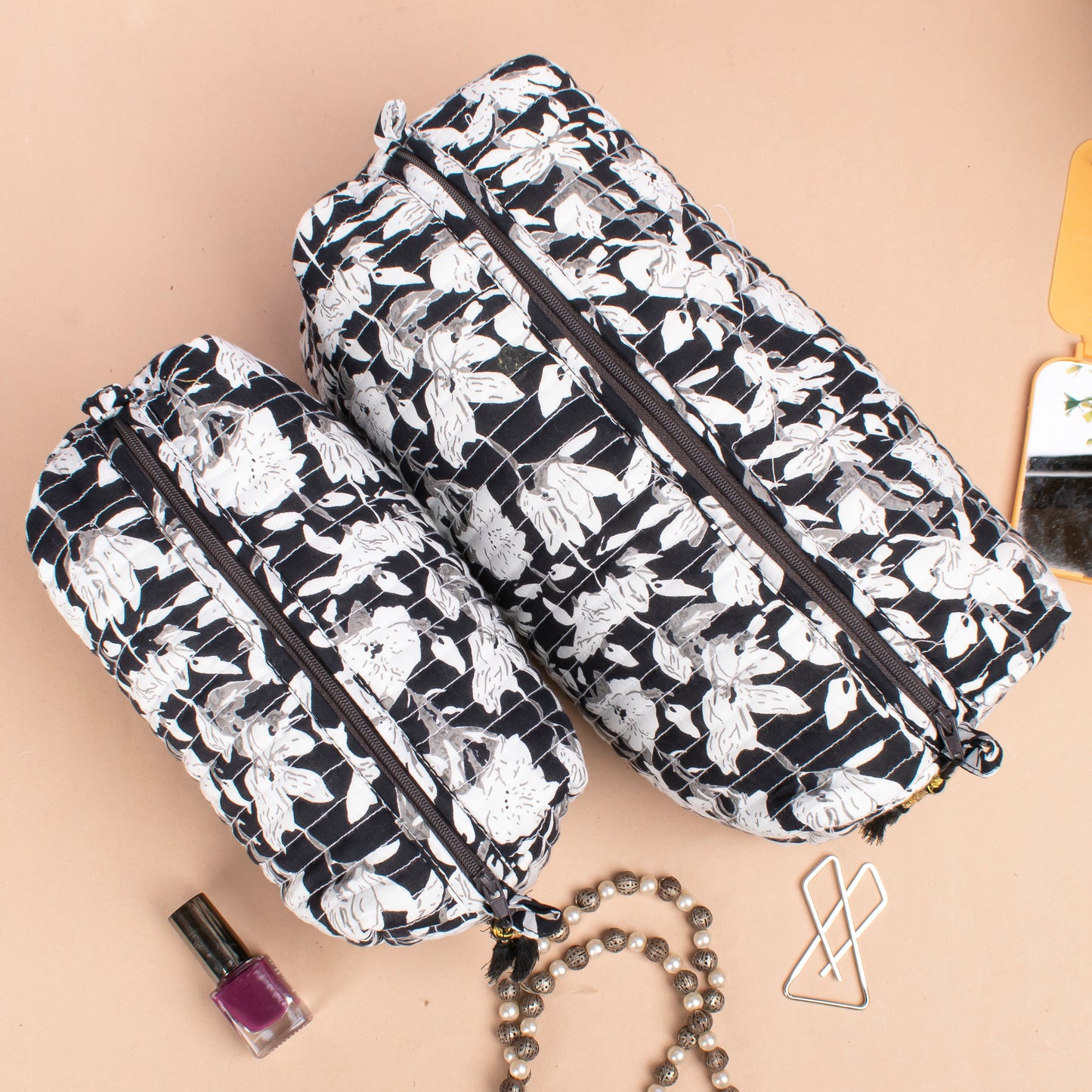 Best Travel Makeup Bag, Hand Block Print Toiletry Bag, Small Wash Bag For Women, Quilted Cotton Large Makeup Bag, Cosmetic Pouch - Set of 3