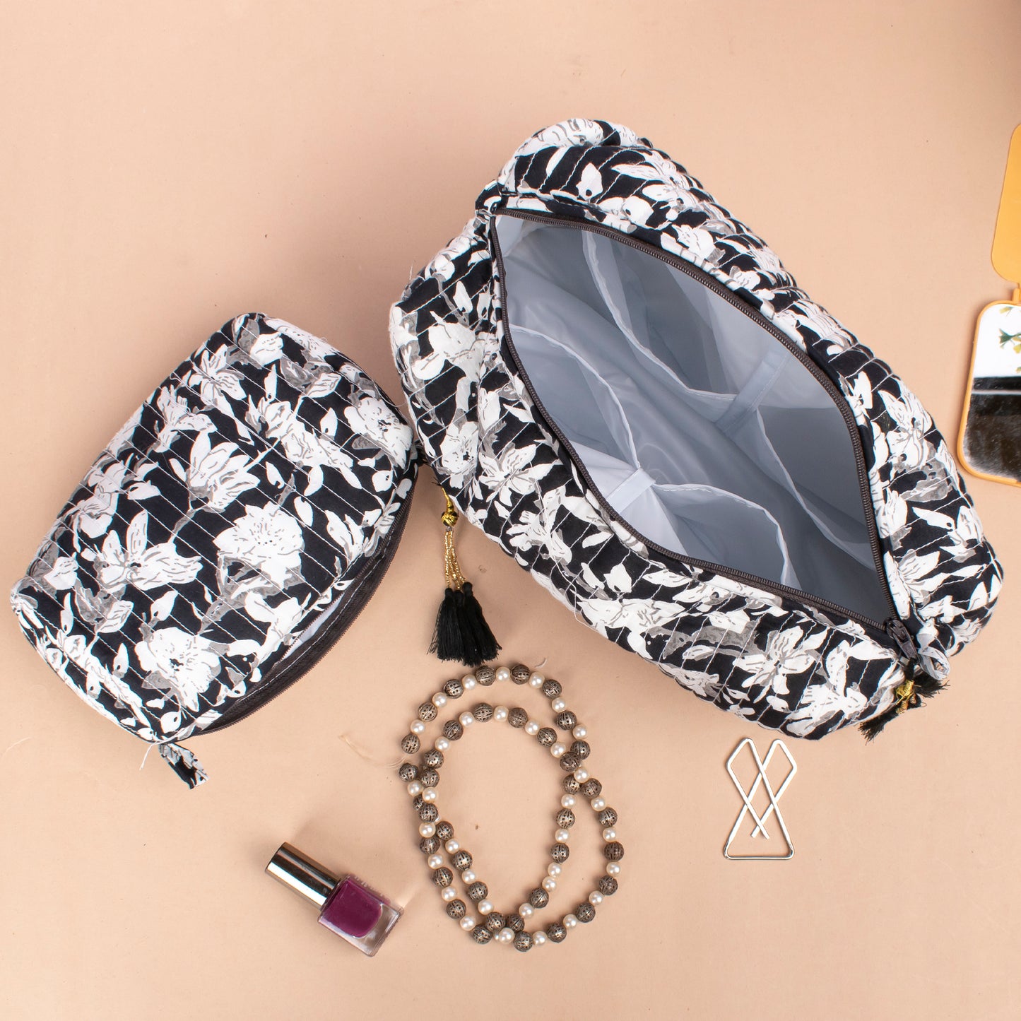 Best Travel Makeup Bag, Hand Block Print Toiletry Bag, Small Wash Bag For Women, Quilted Cotton Large Makeup Bag, Cosmetic Pouch - Set of 3