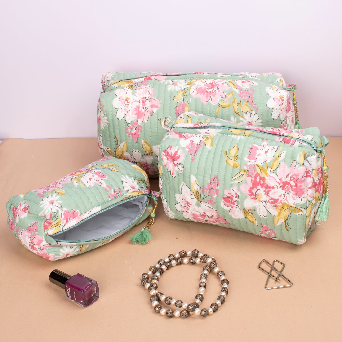 Combo of 2 - Organic Cotton Makeup Bag, Toiletry Bag 3 Pack Floral, Makeup Bag With Compartments, Vanity Bag Makeup, Wash Bag Block Print