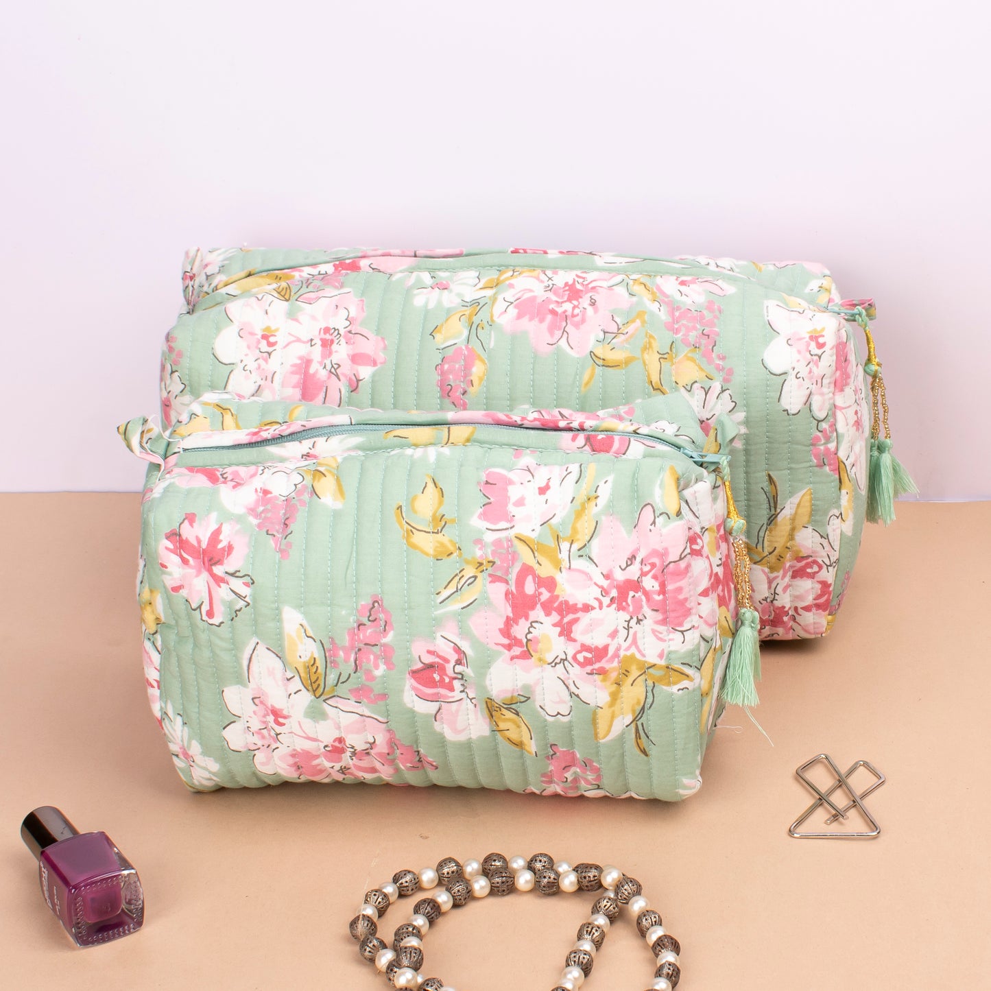Hand Block Print Wash Bag, Toiletry Makeup Bags, Zippered Makeup Pouch, Bridesmaid Gift Makeup Bag, 100% Cotton Material - Set of 3