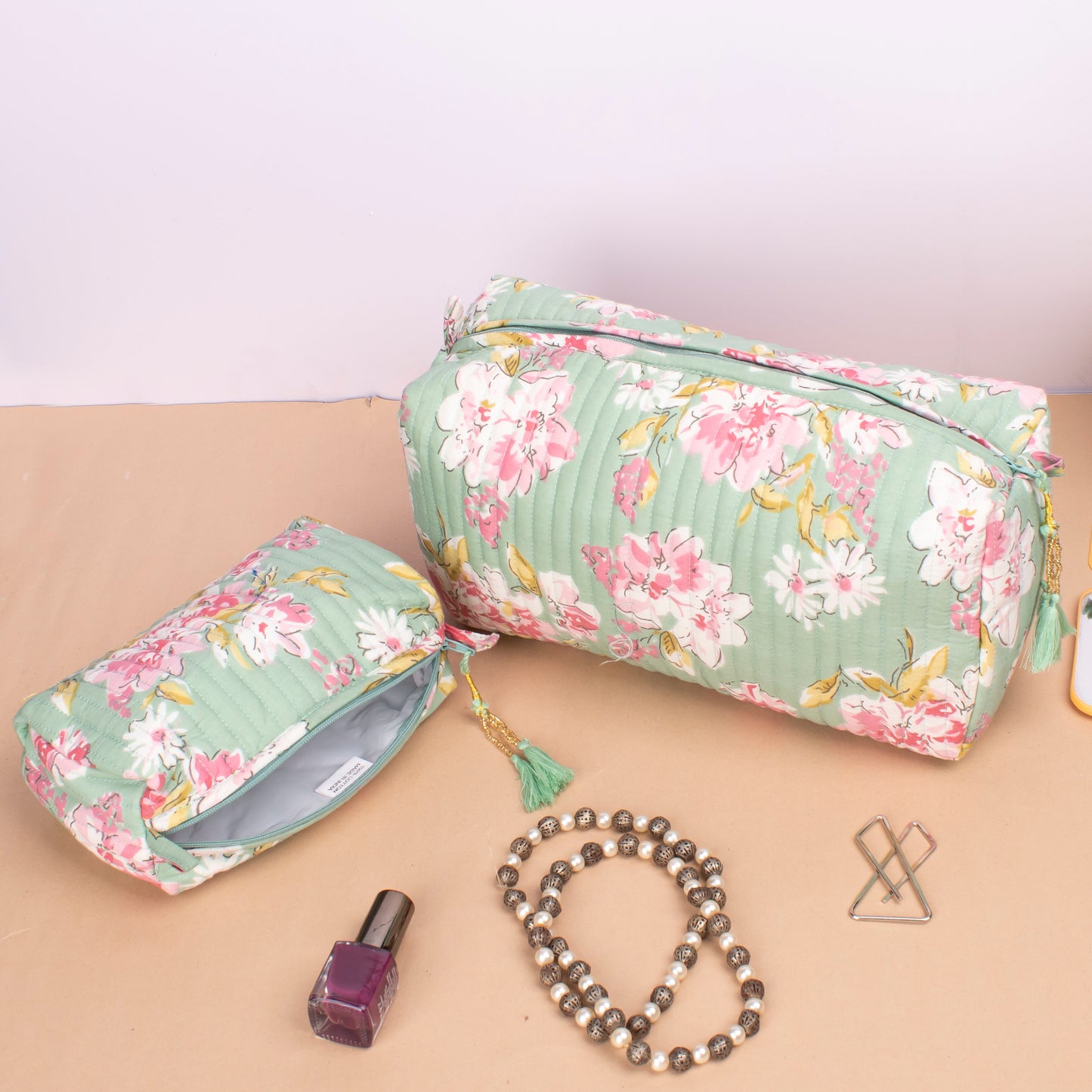 Combo of 2 - Organic Cotton Makeup Bag, Toiletry Bag 3 Pack Floral, Makeup Bag With Compartments, Vanity Bag Makeup, Wash Bag Block Print