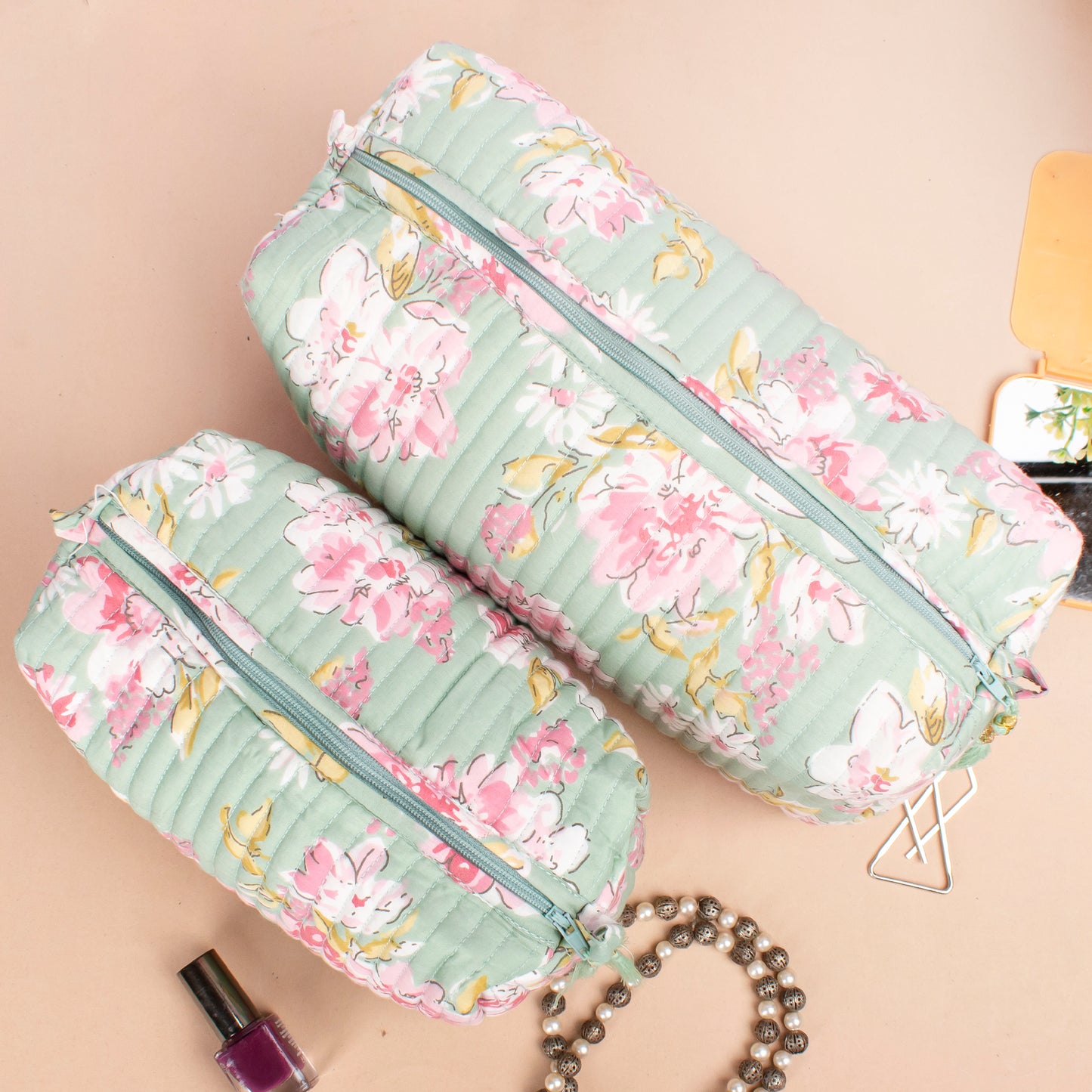 Hand Block Print Wash Bag, Toiletry Makeup Bags, Zippered Makeup Pouch, Bridesmaid Gift Makeup Bag, 100% Cotton Material - Set of 3