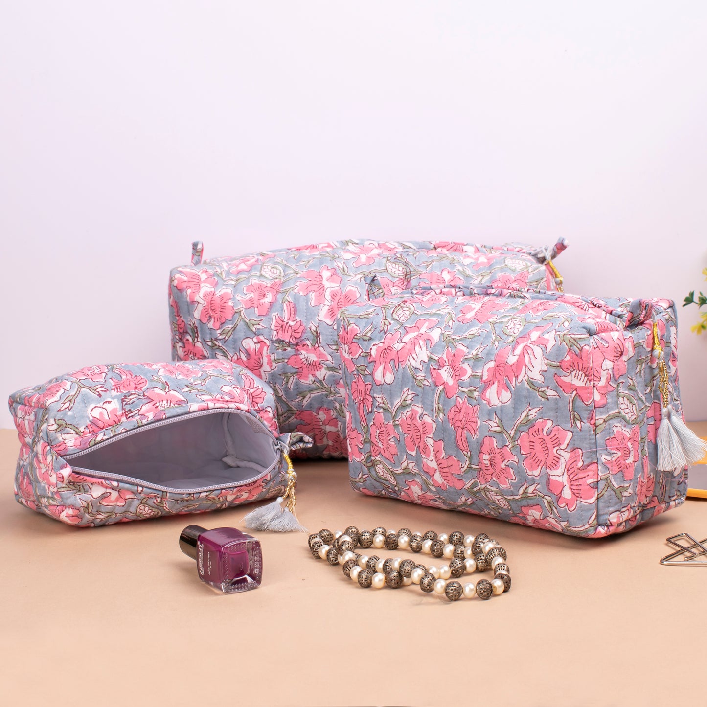 Combo of 2 - Organic Cotton Makeup Bag, Toiletry Bag 3 Pack Floral, Makeup Bag With Compartments, Vanity Bag Makeup, Wash Bag Block Print