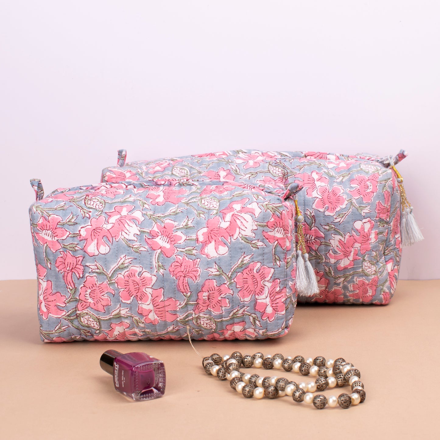 Washable Cosmetic Bags, Mini Makeup Organizer, Toiletry Bag 3 Pack Floral, Block Printing, Cute Makeup Organizer, Vanity Bag Makeup - Set of 3