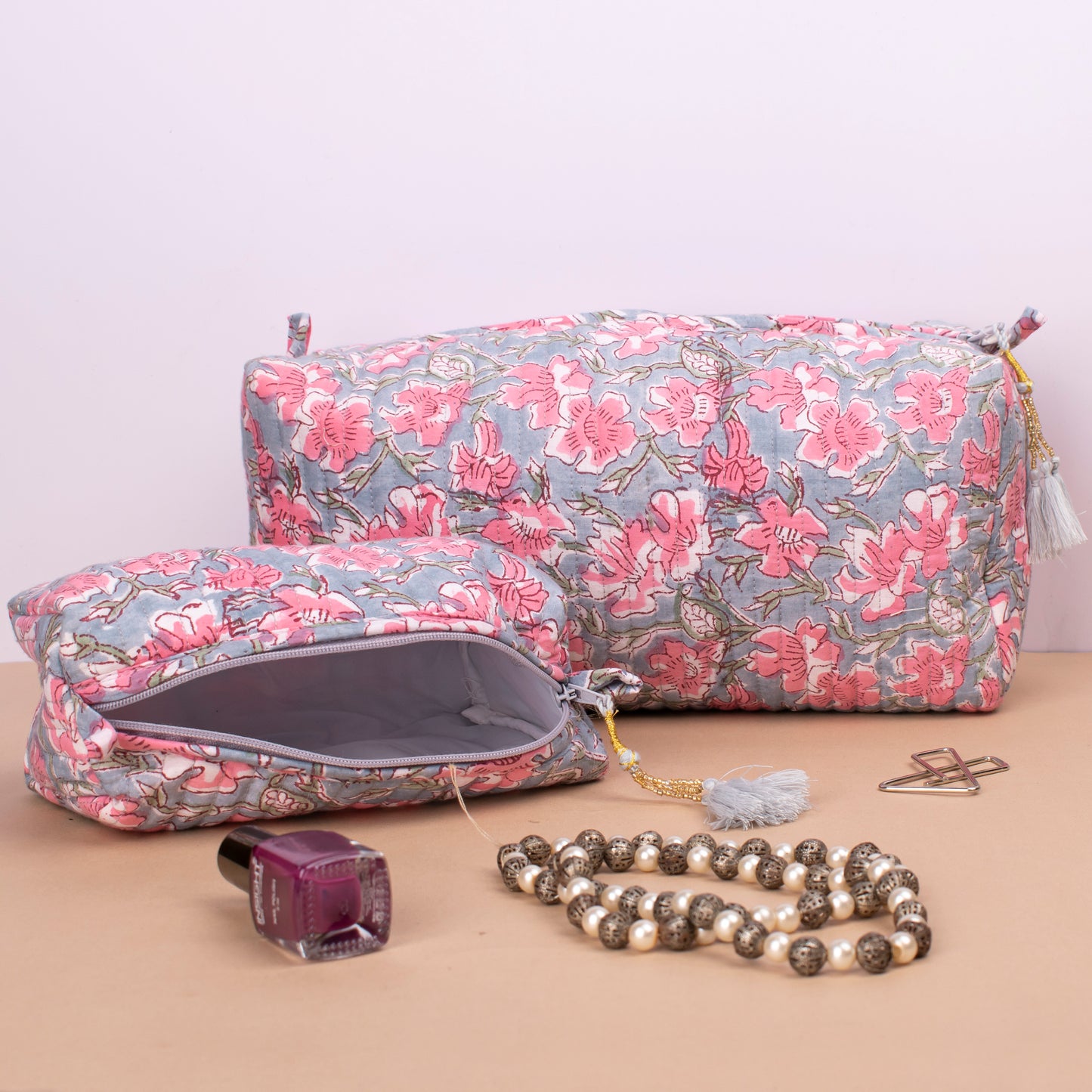 Washable Cosmetic Bags, Mini Makeup Organizer, Toiletry Bag 3 Pack Floral, Block Printing, Cute Makeup Organizer, Vanity Bag Makeup - Set of 3