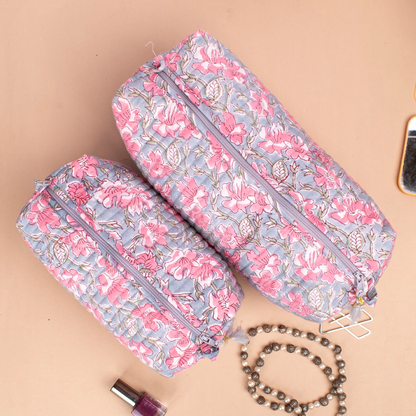 Washable Cosmetic Bags, Mini Makeup Organizer, Toiletry Bag 3 Pack Floral, Block Printing, Cute Makeup Organizer, Vanity Bag Makeup - Set of 3