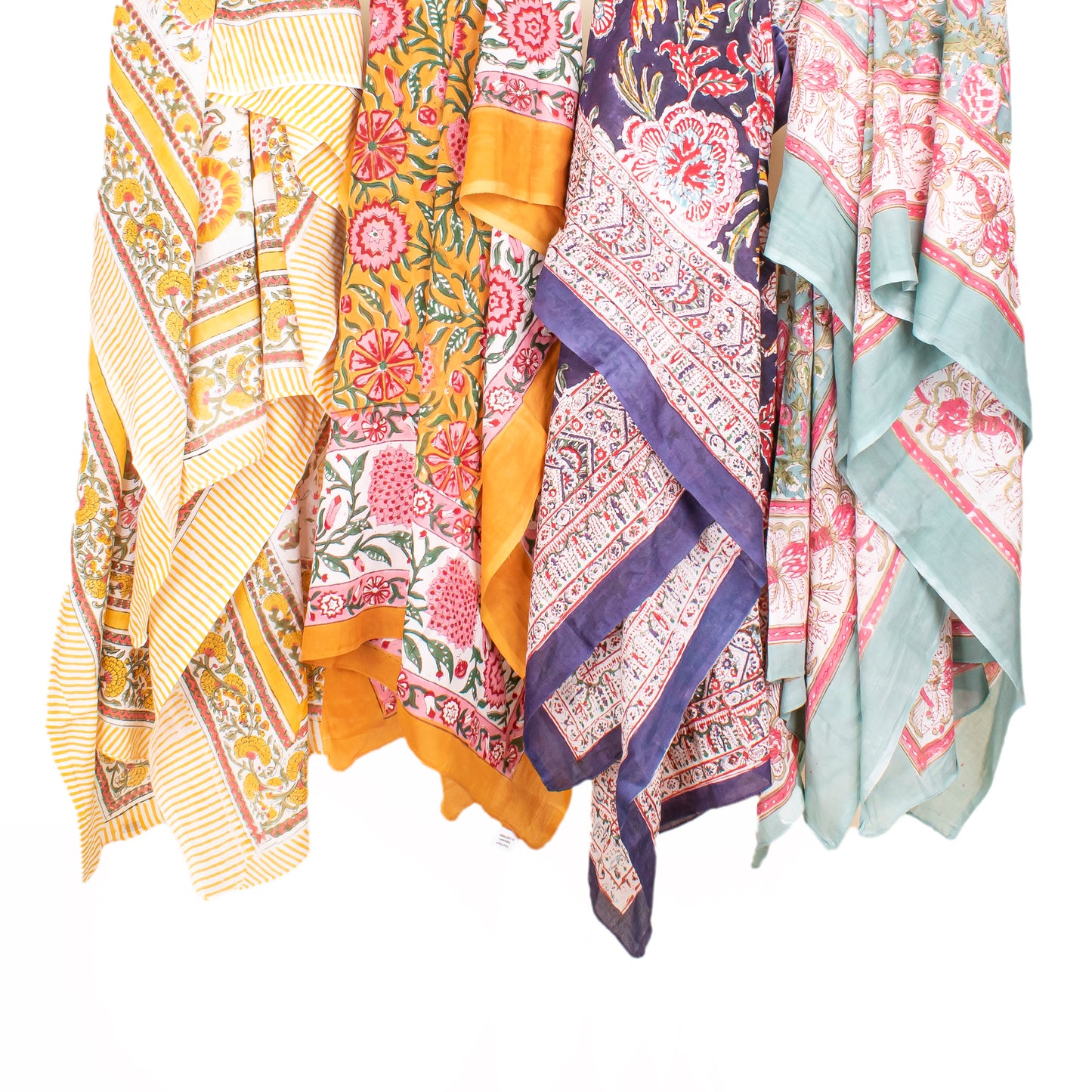 Combo of 4 - Summer Cover-Up, Hand Block Printed Scarves For Women, Sarong Beach Wrap, Lightweight Washable Pareo, Women’s Hand Block Scarf