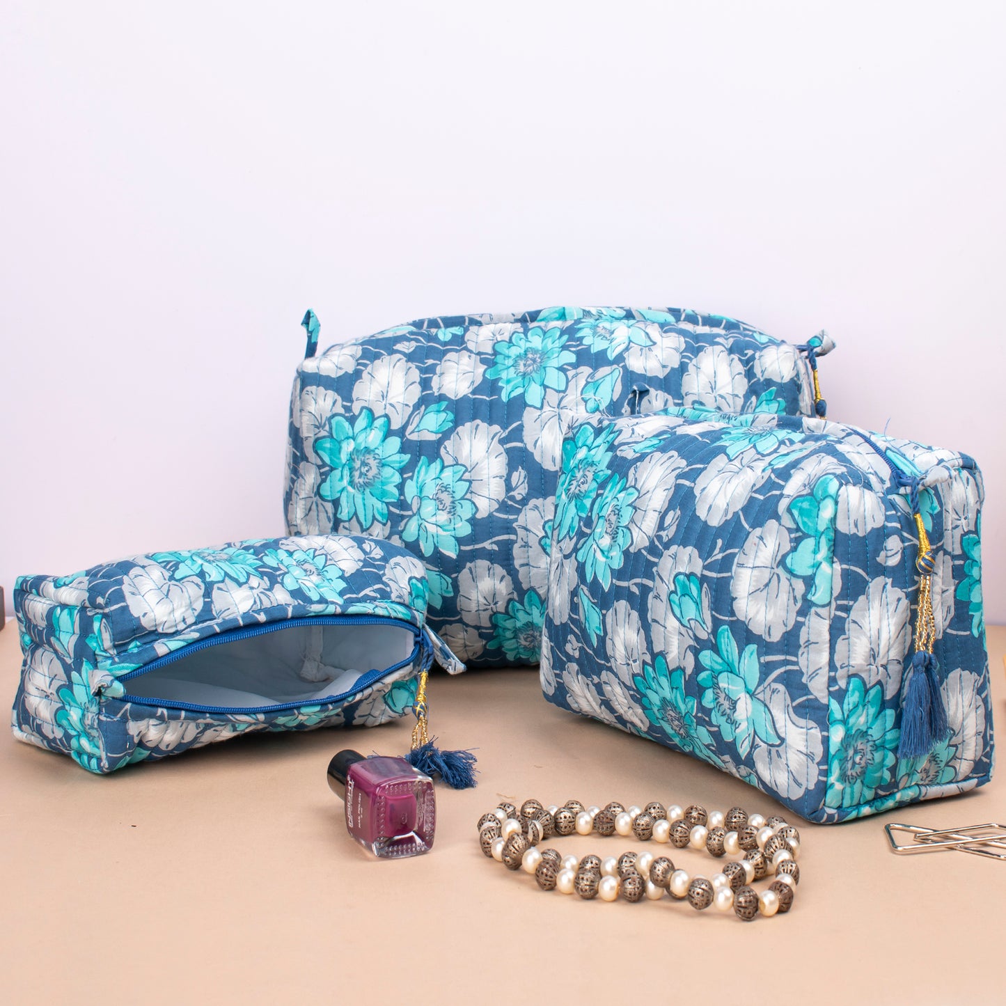 Block Print Makeup Bag Set, Toiletry Bag For Travel, Cosmetic Bag For Beauty Essentials, Quilted Wash Bag - Set of 3