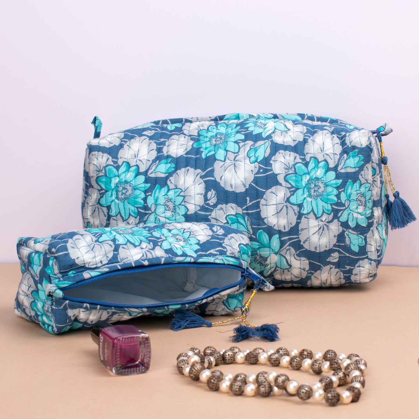 Block Print Makeup Bag Set, Toiletry Bag For Travel, Cosmetic Bag For Beauty Essentials, Quilted Wash Bag - Set of 3