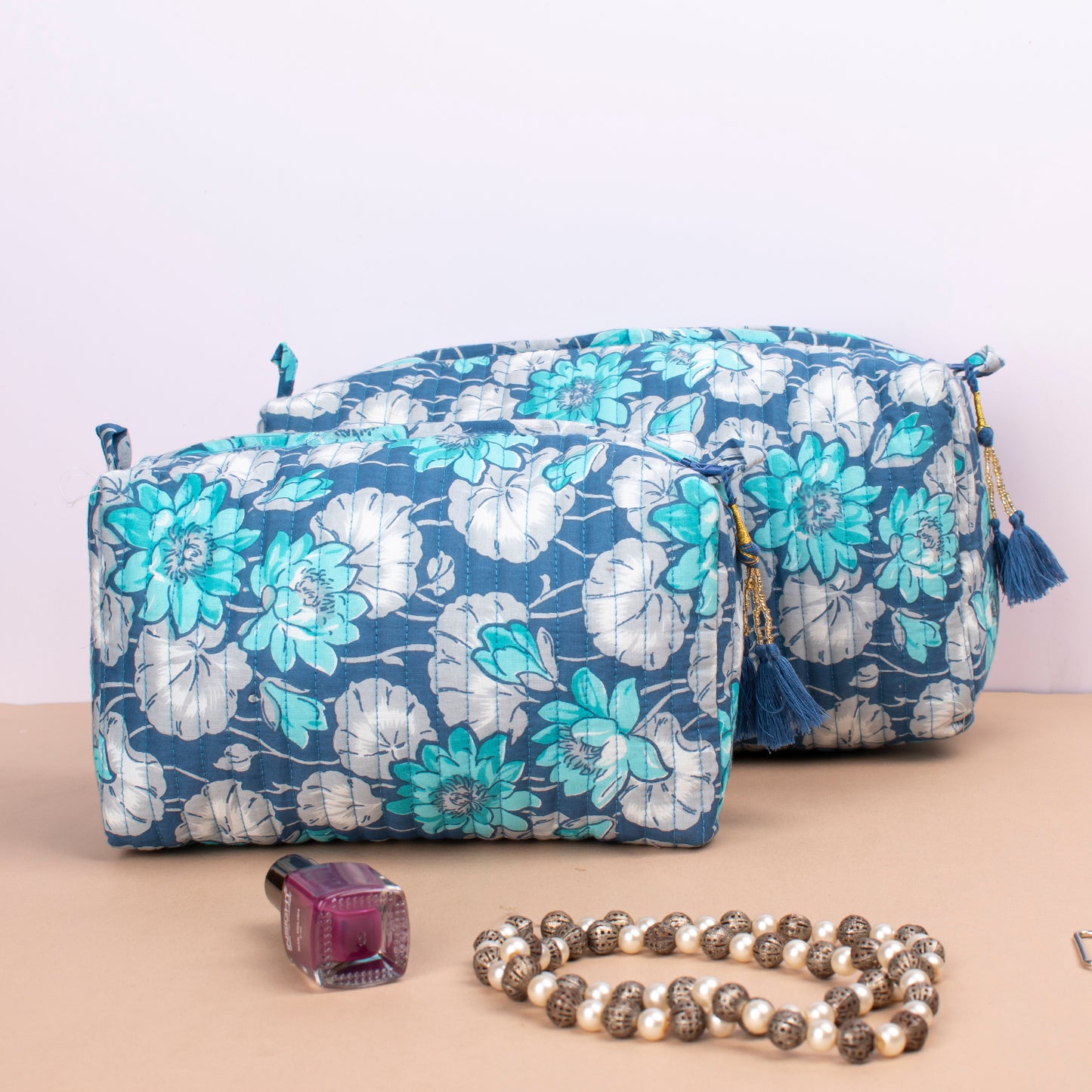 Block Print Makeup Bag Set, Toiletry Bag For Travel, Cosmetic Bag For Beauty Essentials, Quilted Wash Bag - Set of 3