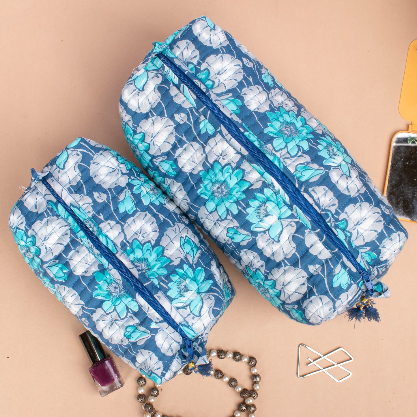 Block Print Makeup Bag Set, Toiletry Bag For Travel, Cosmetic Bag For Beauty Essentials, Quilted Wash Bag - Set of 3