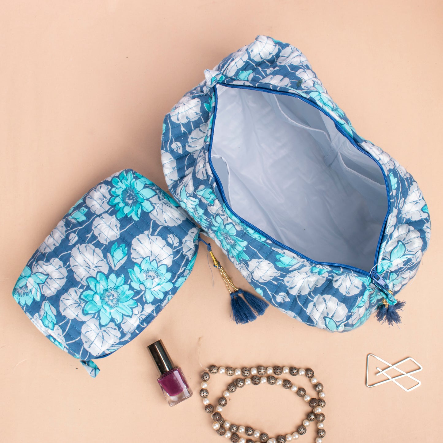 Block Print Makeup Bag Set, Toiletry Bag For Travel, Cosmetic Bag For Beauty Essentials, Quilted Wash Bag - Set of 3
