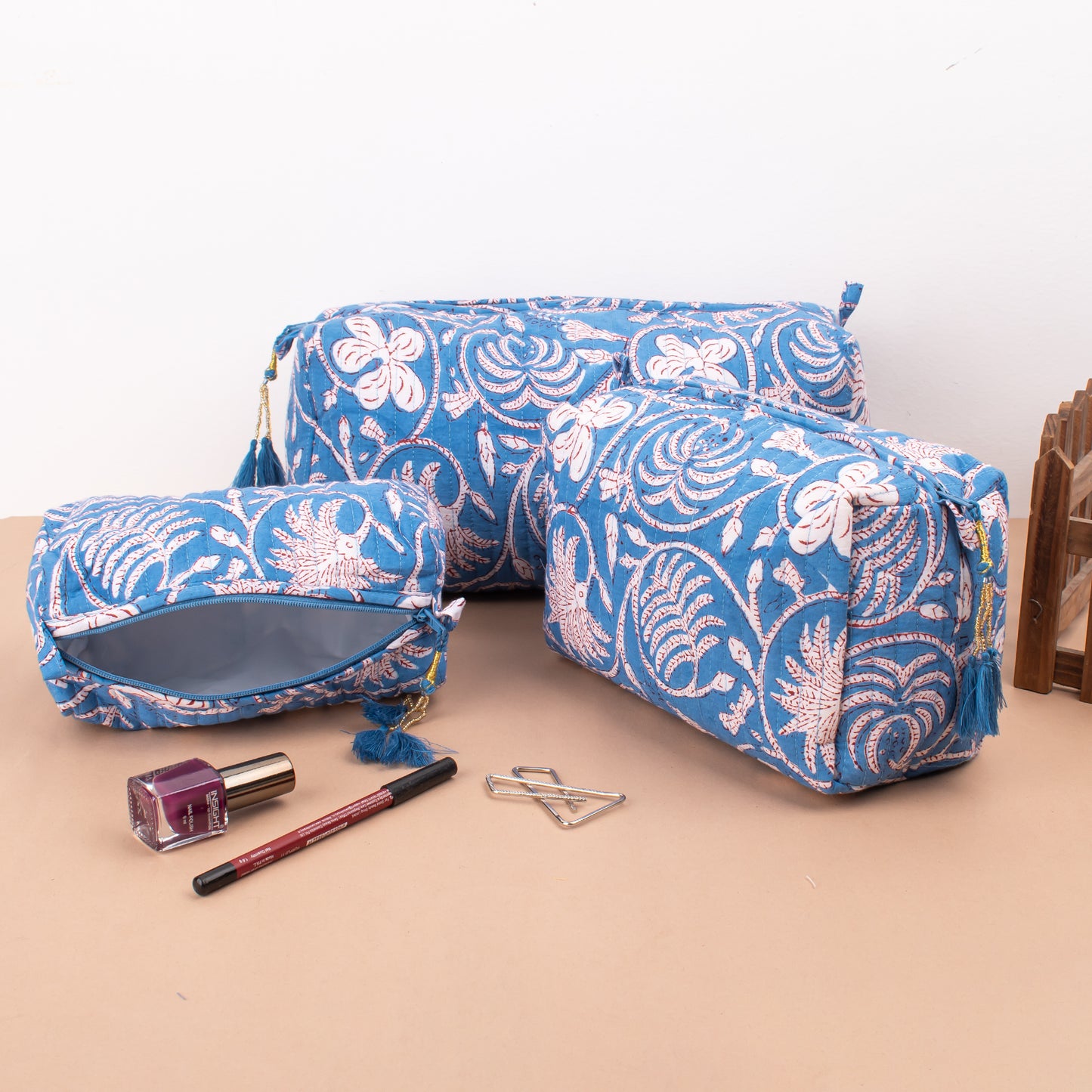 Cosmetic Bag And Scarf, Block Printed Gift Combo For Women, Block Print Beach Pareo And Pouch Gift Set, Printed Cotton Sarong