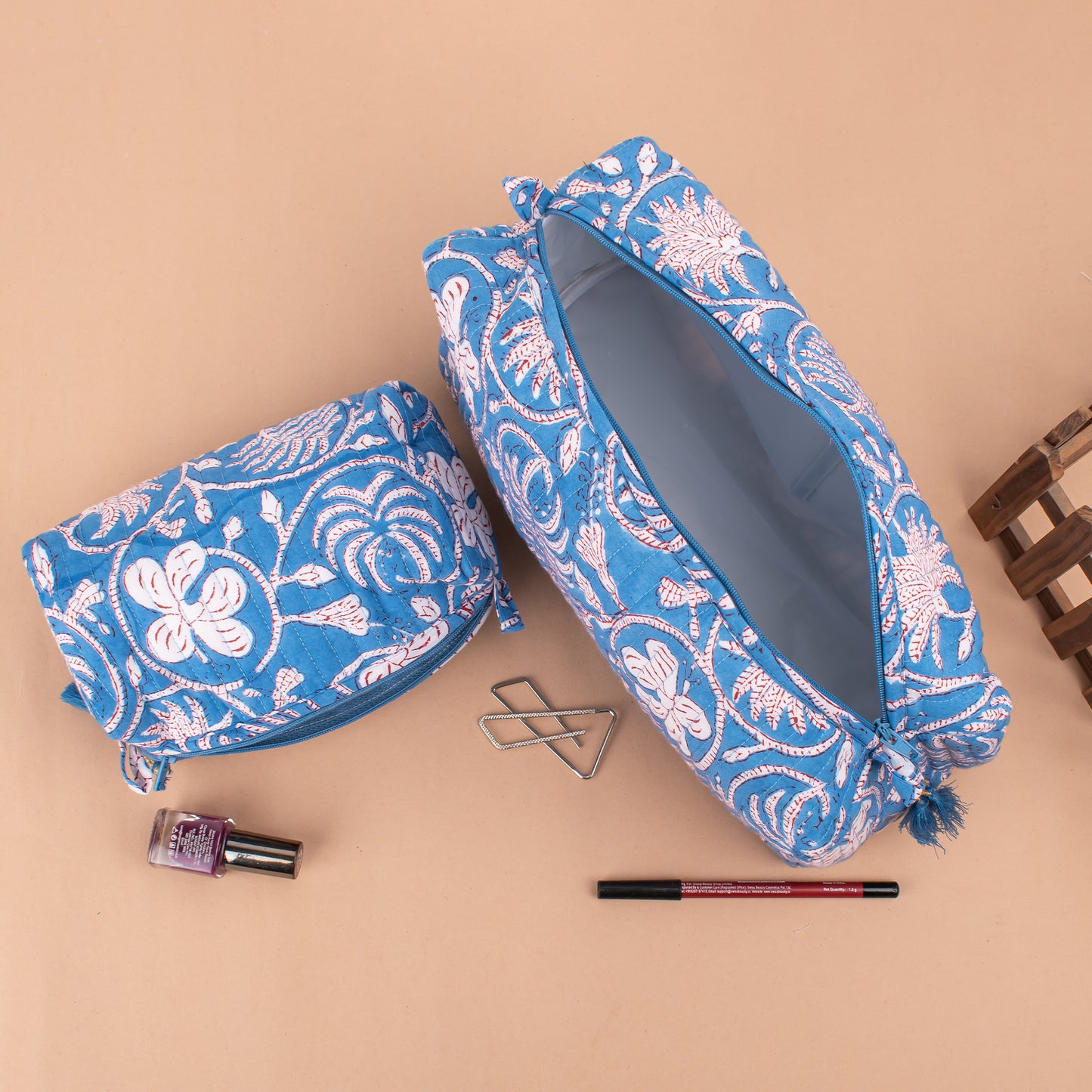 Cosmetic Bag And Scarf, Block Printed Gift Combo For Women, Block Print Beach Pareo And Pouch Gift Set, Printed Cotton Sarong