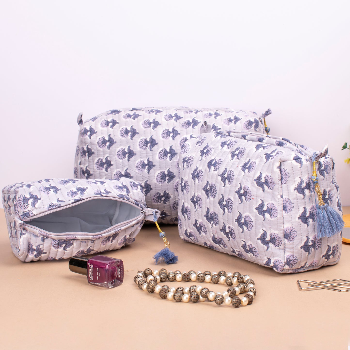 Hand Block Printed Makeup Pouch, Reusable Bag, Washable & Waterproof, Mini Makeup Organizer, Small Wash Bag For Women - Set of 3