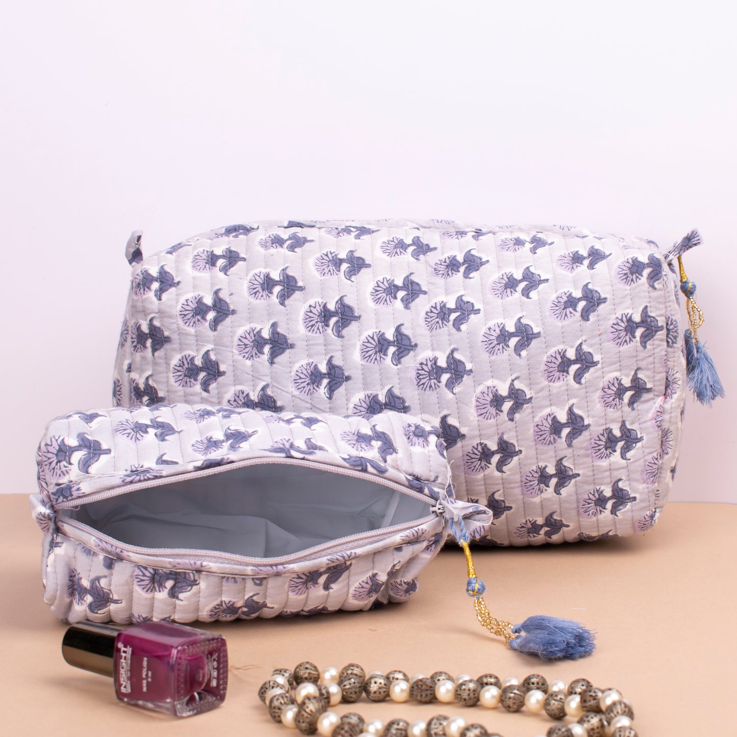 Hand Block Printed Makeup Pouch, Reusable Bag, Washable & Waterproof, Mini Makeup Organizer, Small Wash Bag For Women - Set of 3