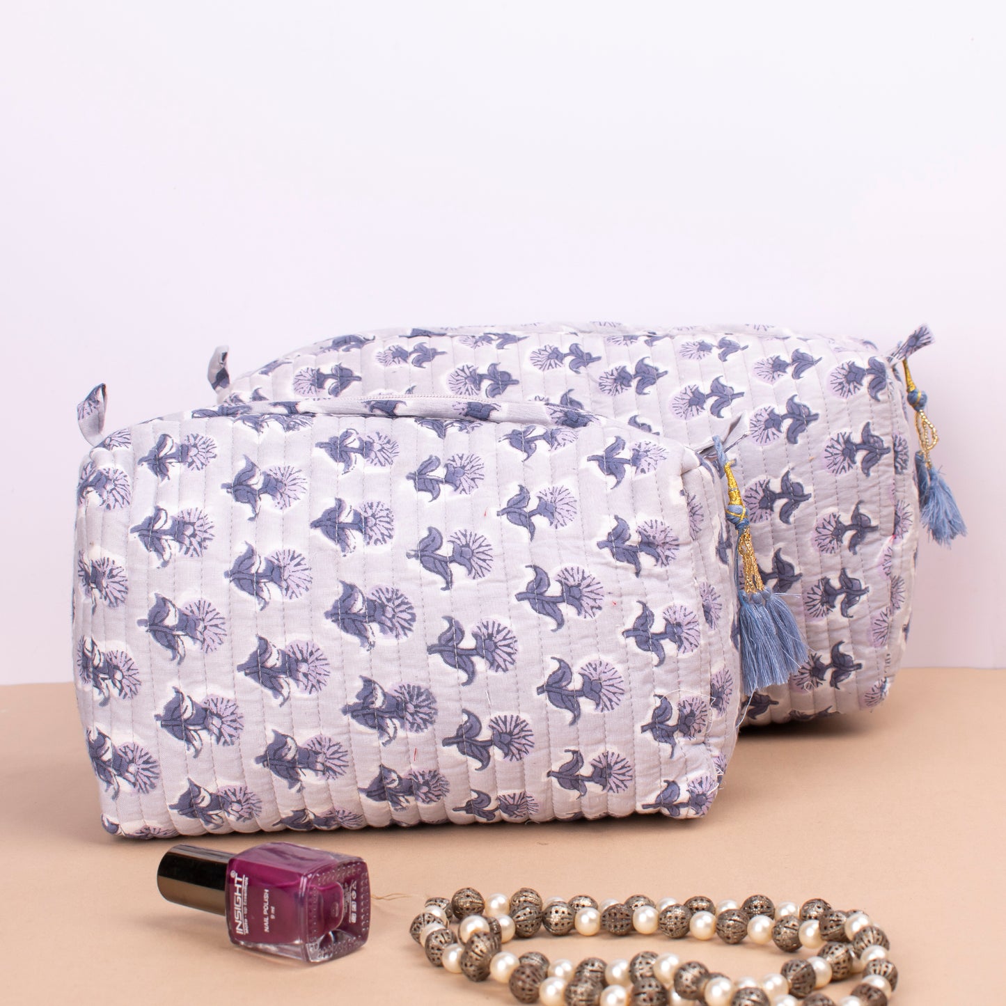 Hand Block Printed Makeup Pouch, Reusable Bag, Washable & Waterproof, Mini Makeup Organizer, Small Wash Bag For Women - Set of 3