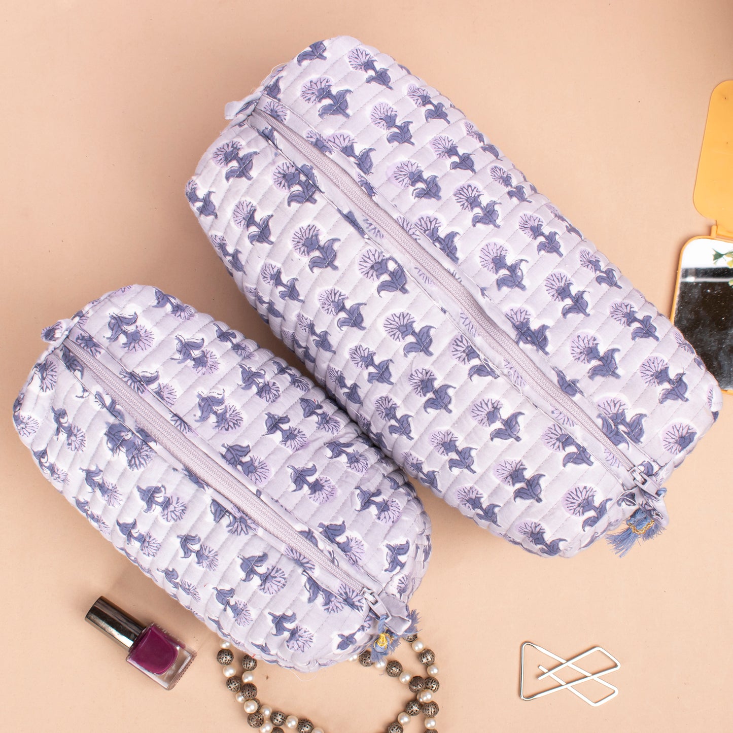 Hand Block Printed Makeup Pouch, Reusable Bag, Washable & Waterproof, Mini Makeup Organizer, Small Wash Bag For Women - Set of 3
