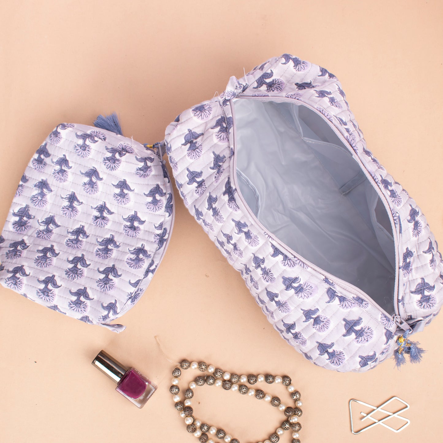 Hand Block Printed Makeup Pouch, Reusable Bag, Washable & Waterproof, Mini Makeup Organizer, Small Wash Bag For Women - Set of 3