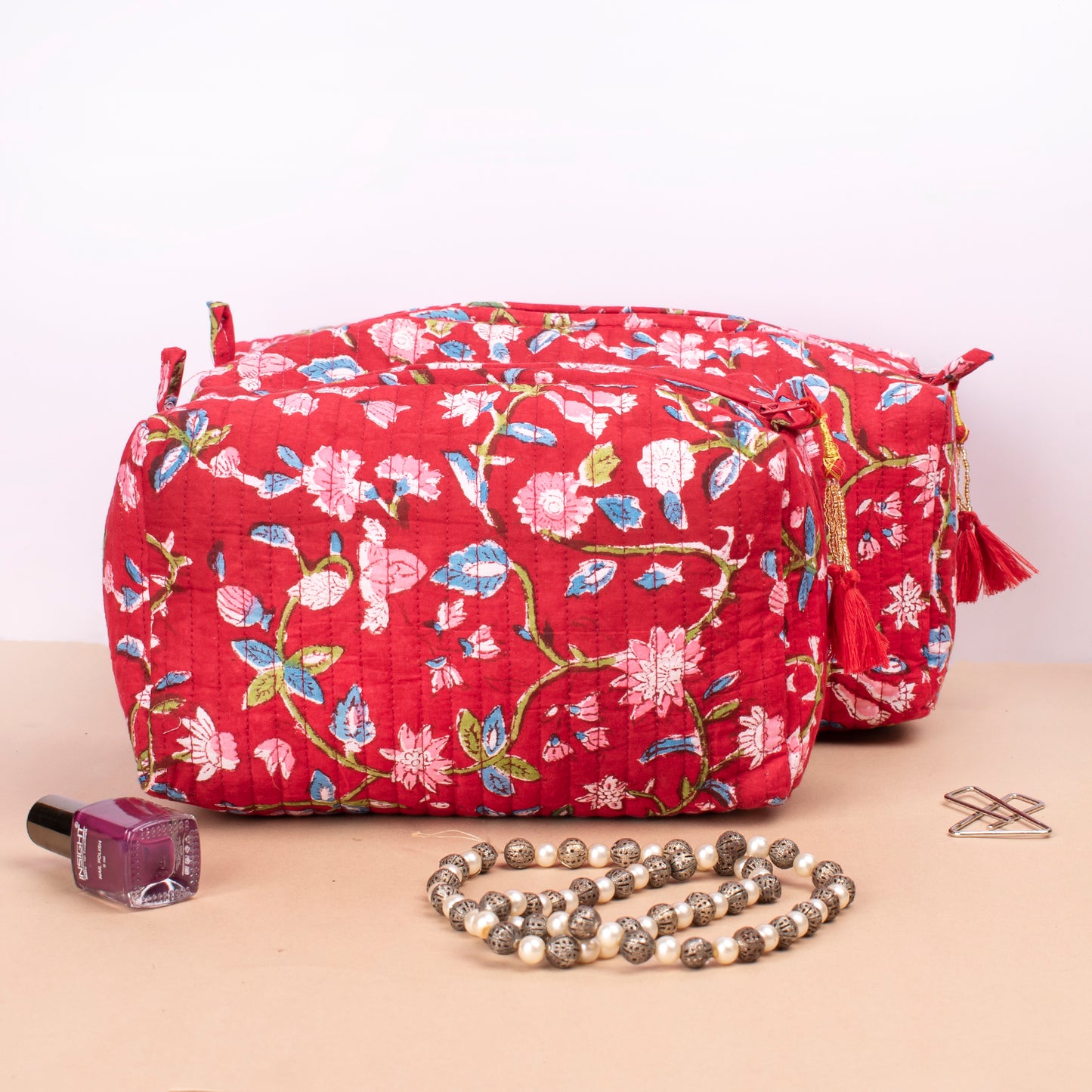 Block Print Makeup Bag Set, Toiletry Bag For Women, Cosmetic Bag For Makeup, Quilted Makeup Bag, Travel Makeup Pouch, Vanity Case - Set of 3