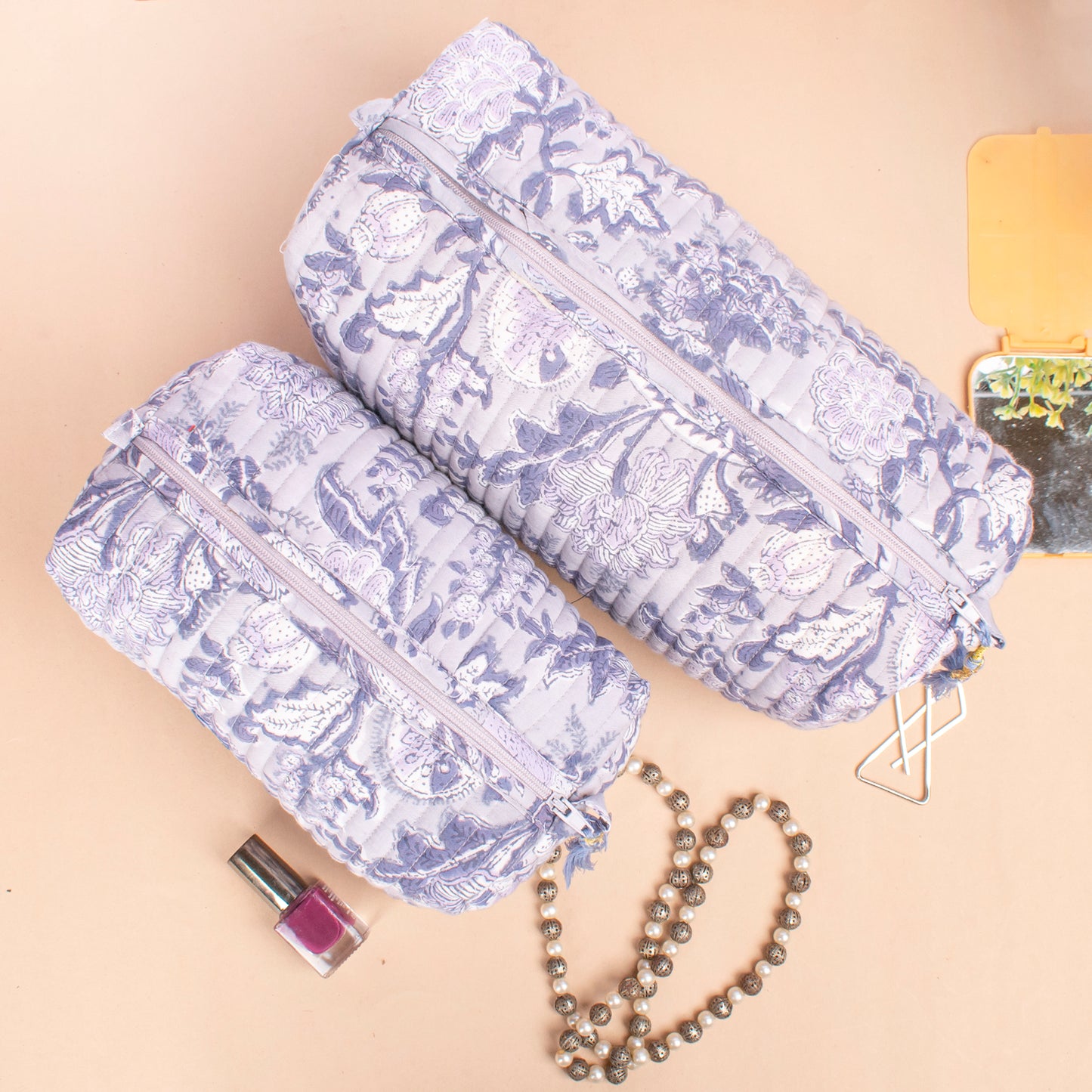 Hand Block Print Toiletry Bag, Cotton Toiletry Bag, Small Wash Bag For Women, Small Wash Bag For Women, Travel Makeup Pouch - Set of 3