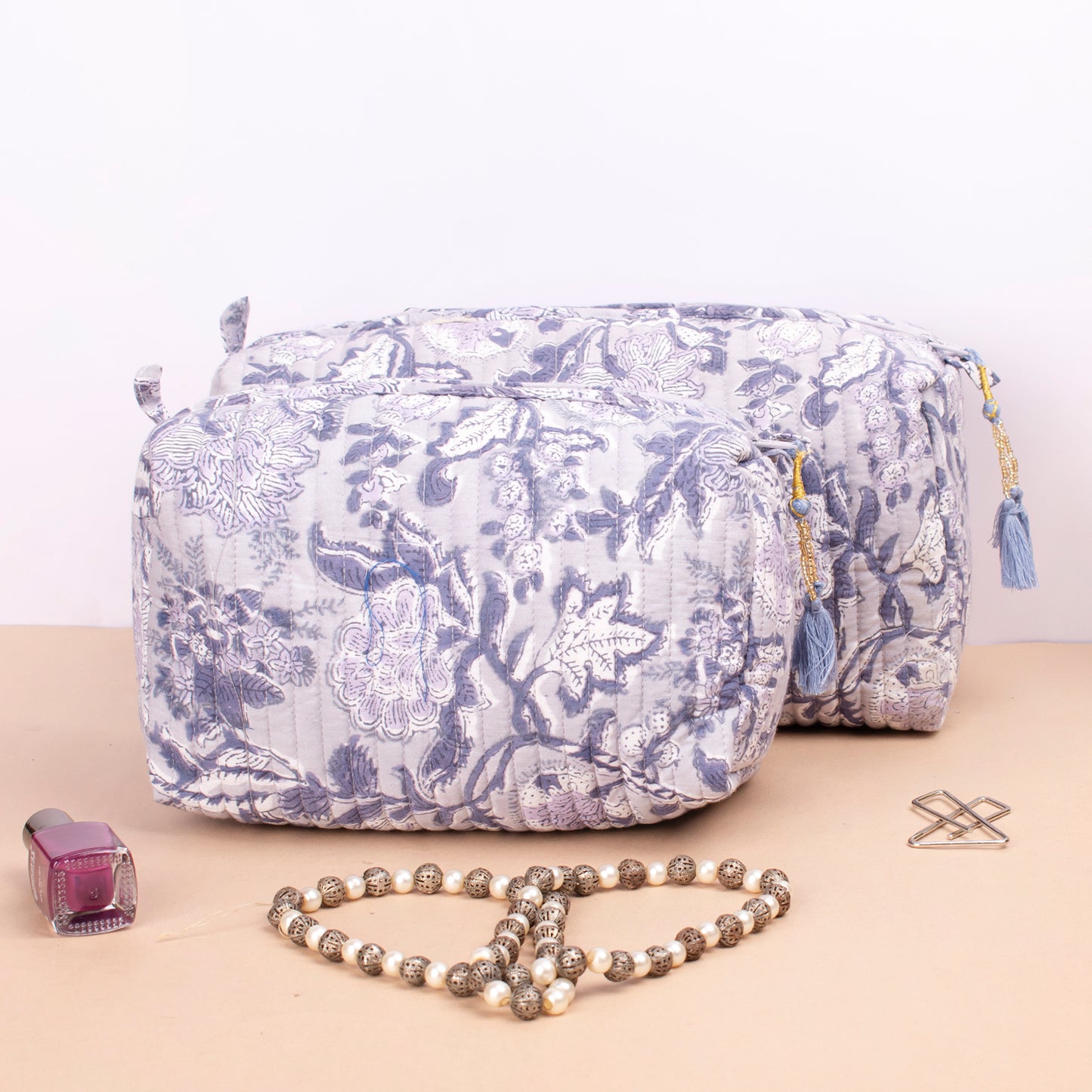 Hand Block Print Toiletry Bag, Cotton Toiletry Bag, Small Wash Bag For Women, Small Wash Bag For Women, Travel Makeup Pouch - Set of 3