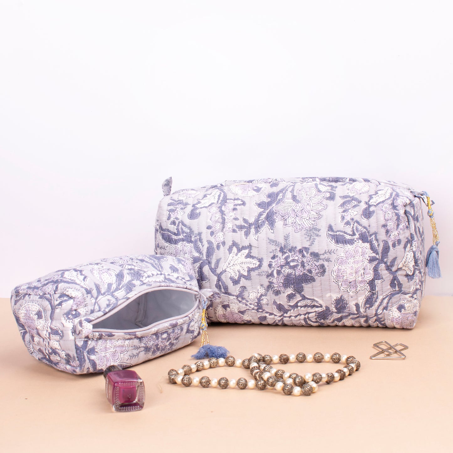 Hand Block Print Toiletry Bag, Cotton Toiletry Bag, Small Wash Bag For Women, Small Wash Bag For Women, Travel Makeup Pouch - Set of 3