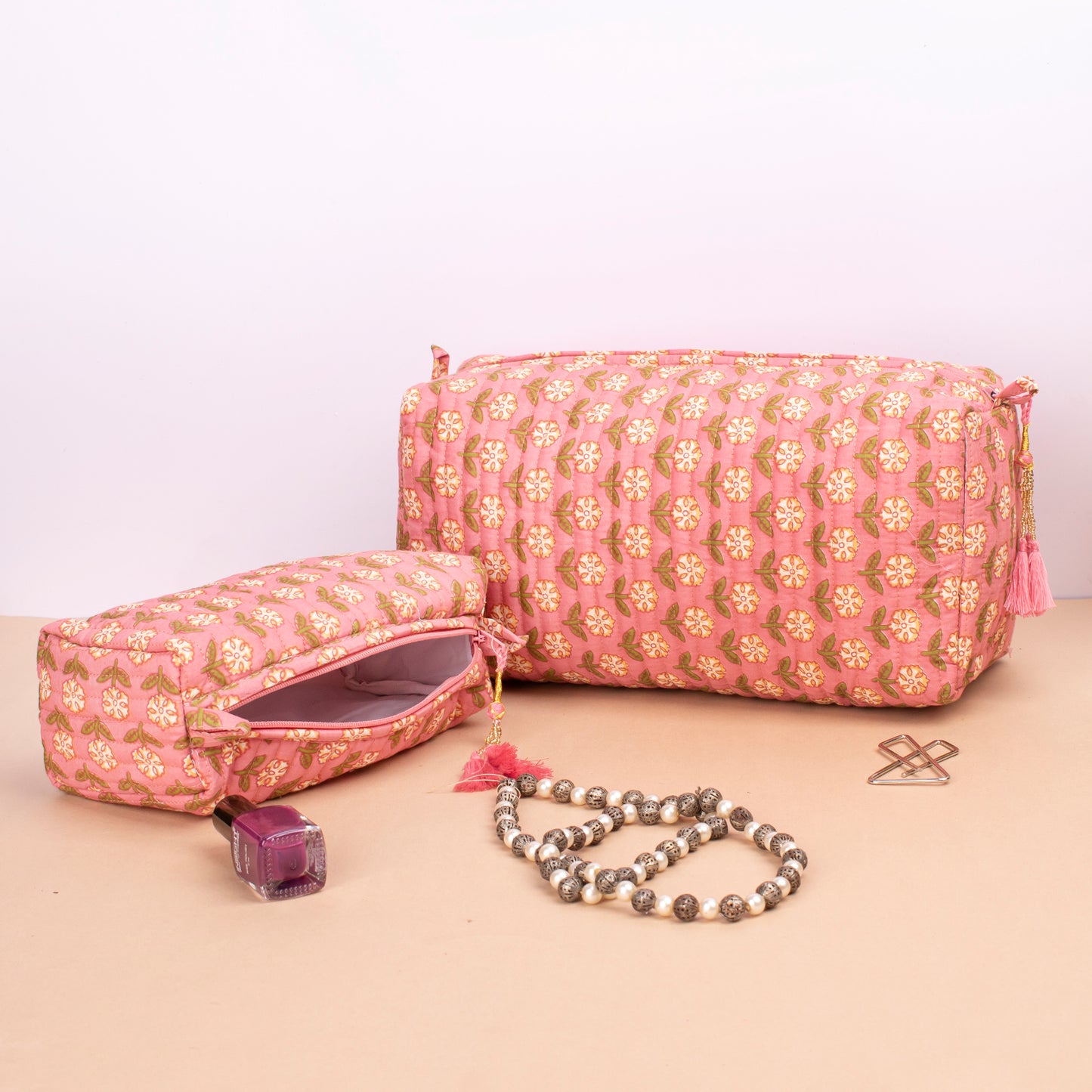 Combo of 2 -Hand Block Print Cosmetic Bag, Fabric Makeup Pouch, Cotton Toiletry Bag, Makeup Case, Bridesmaid Gift Makeup Bag, Quilted Wash Bag
