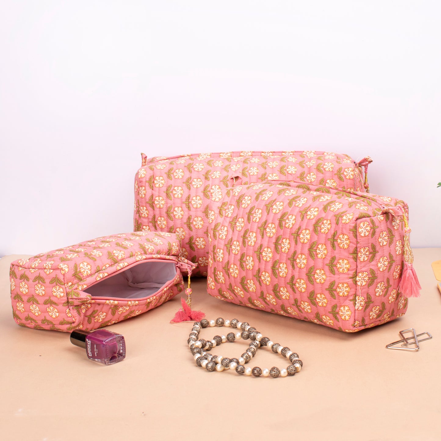 Combo of 2 -Hand Block Print Cosmetic Bag, Fabric Makeup Pouch, Cotton Toiletry Bag, Makeup Case, Bridesmaid Gift Makeup Bag, Quilted Wash Bag