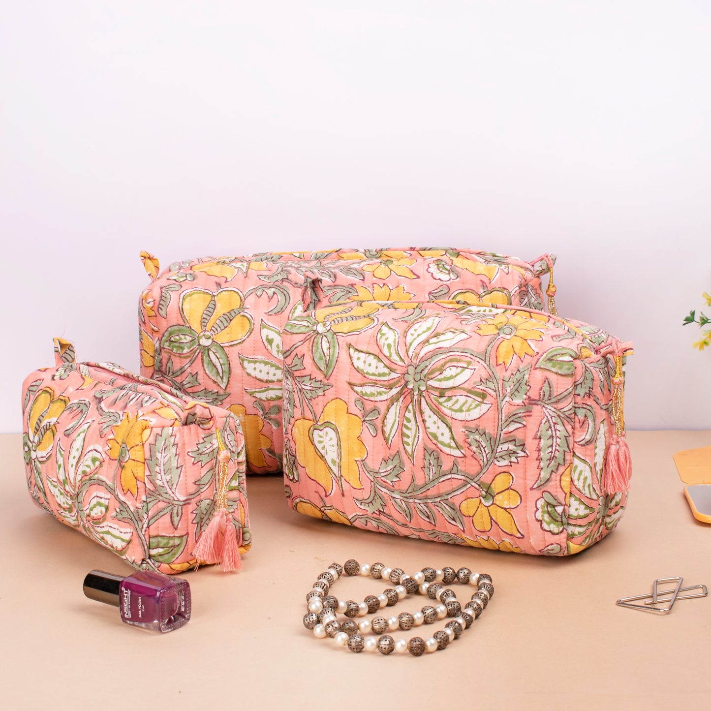 Combo of 2 -Hand Block Print Cosmetic Bag, Fabric Makeup Pouch, Cotton Toiletry Bag, Makeup Case, Bridesmaid Gift Makeup Bag, Quilted Wash Bag