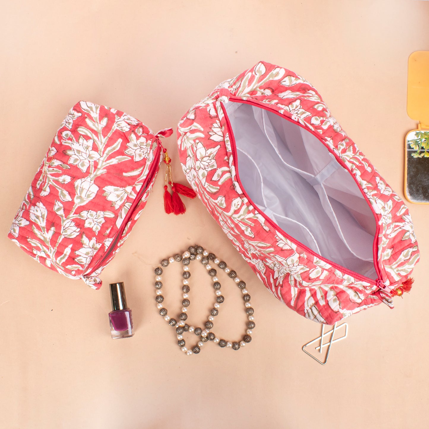 Combo of 2 - Hand Block Print Toiletry Bag, Cotton Toiletry Bag, 100% Cotton Material, Mini Makeup Organizer, Zippered Makeup Pouch, Cosmetic Case