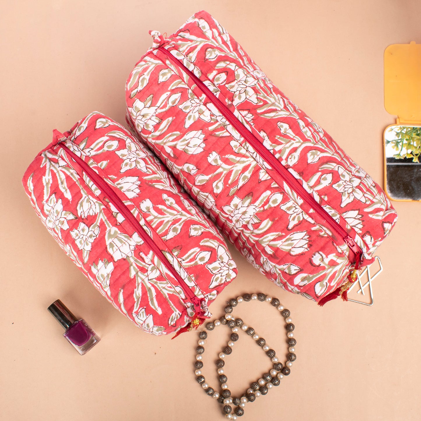 Block Print Cosmetic Bag, Washable Makeup Bag, Cosmetic Case, Mini Makeup Organizer, Quilted Wash Bag, Printed Quilted Toiletry Bag - Set of 3